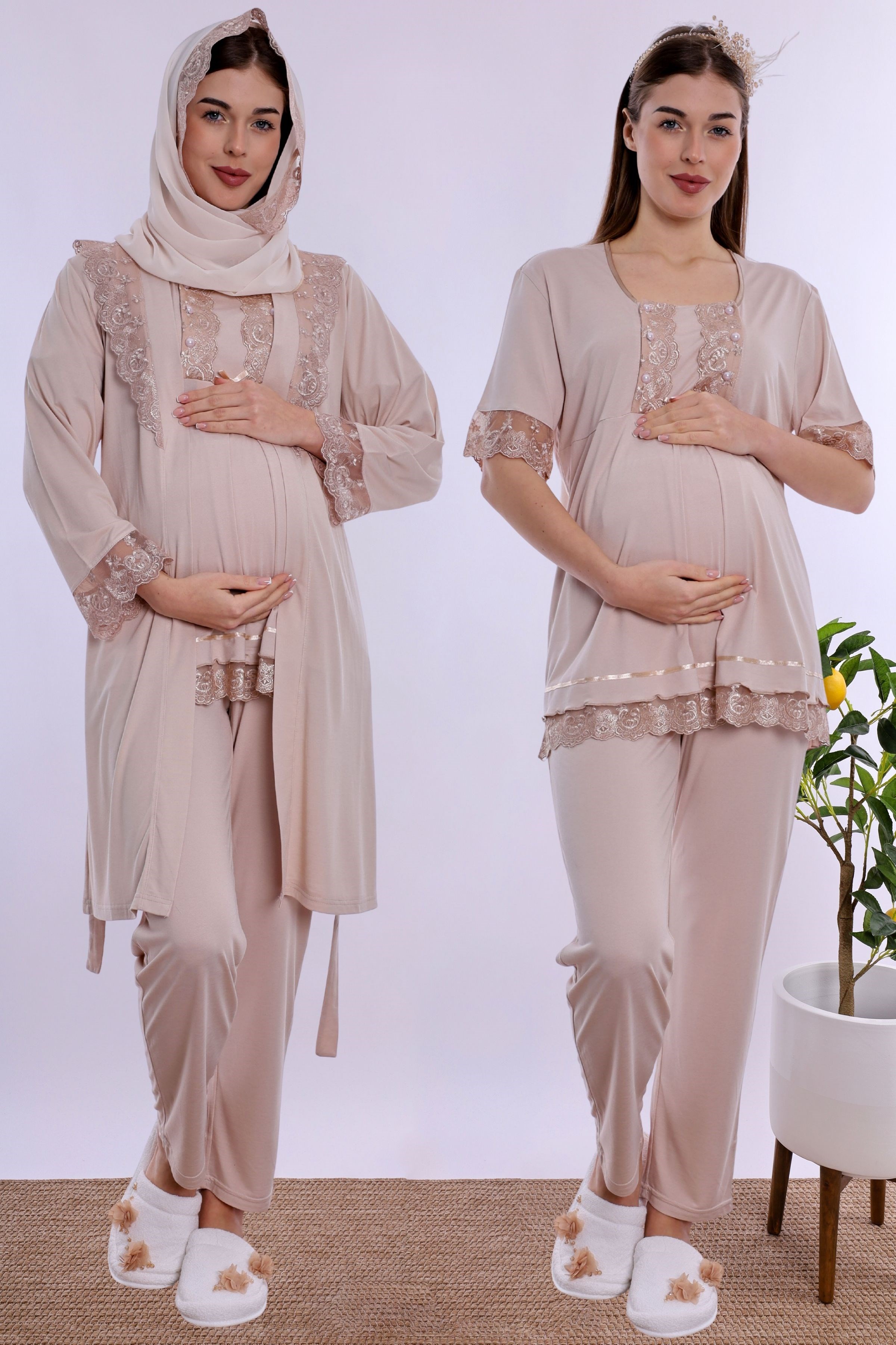 2T60342 Tesettürlü Rahat Kesim Emzirme Özellikli Sabahlıklı Hamile Lohusa Pijama Takımı  - Bej