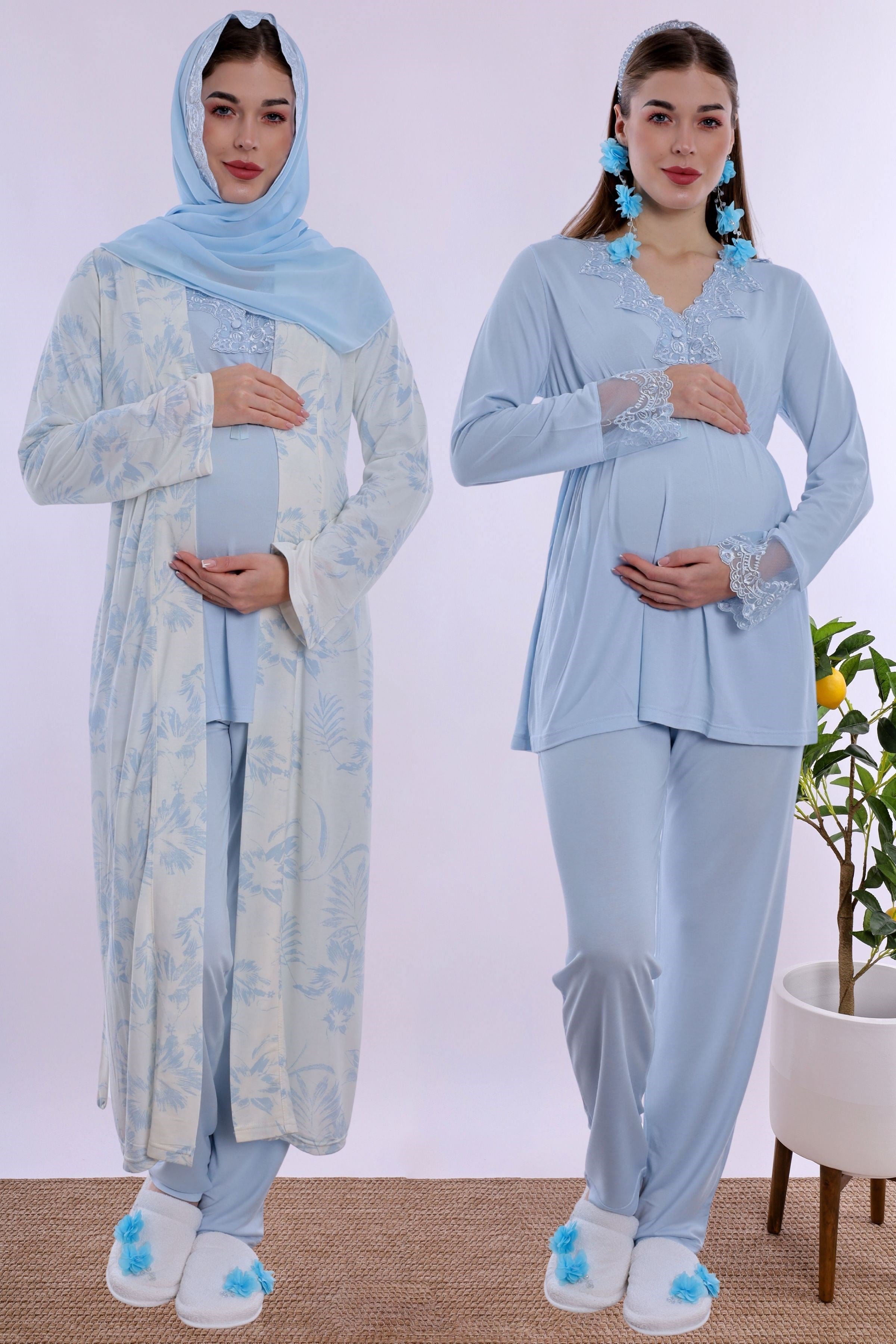 2T80942 Tesettürlü Rahat Kalıp Sabahlıklı Hamile Lohusa Pijama Takımı - Mavi