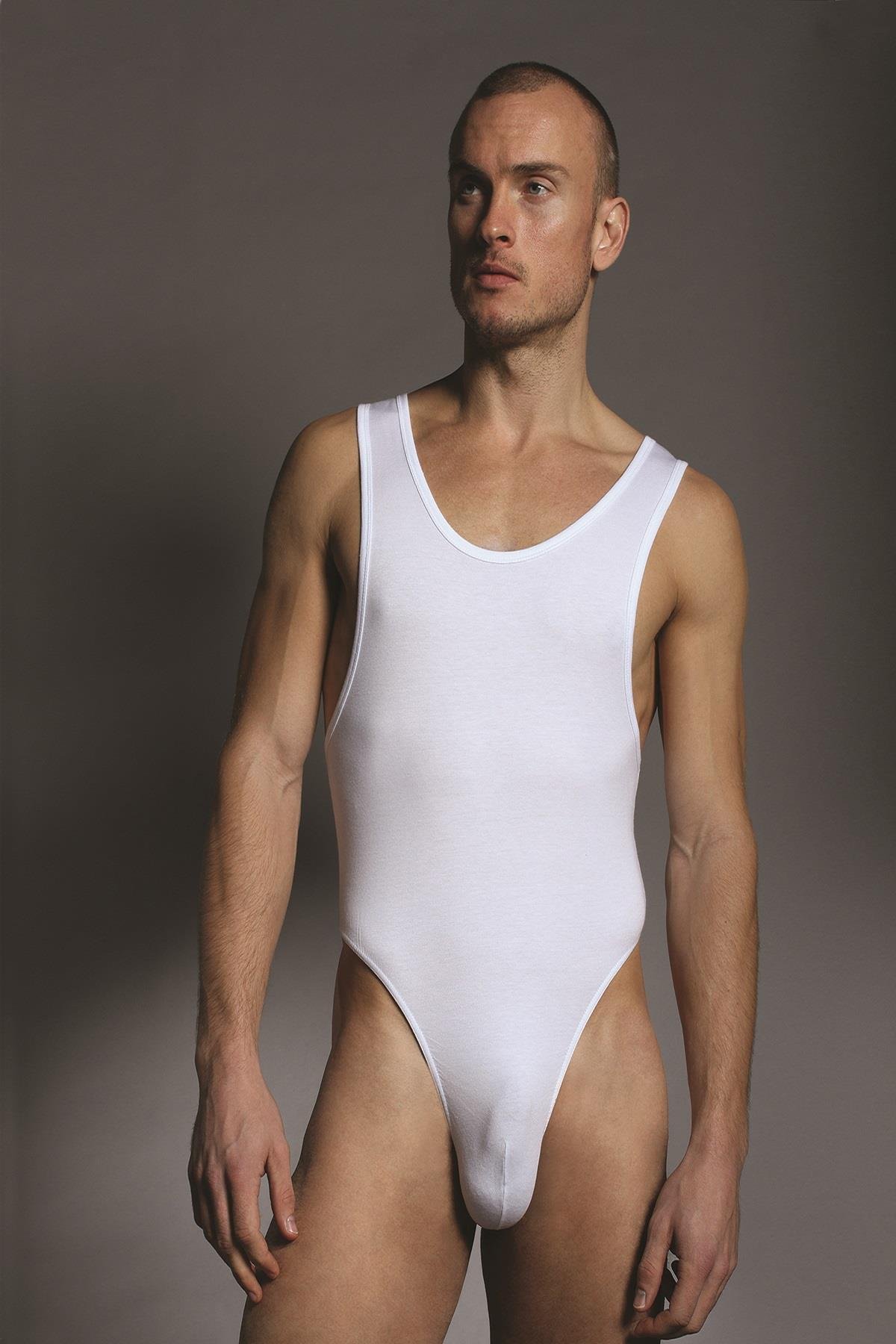 Doreanse 5003 Beyaz Erkek Modal Seksi Geniş Yaka Çıtçıtlı Body