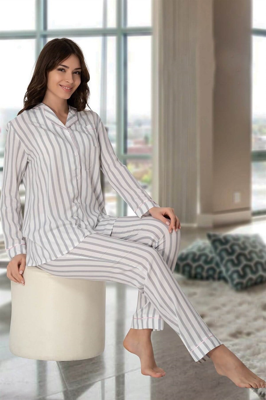 Effortt 1050 Gri Önden Düğmeli Lohusa Pijama Takımı