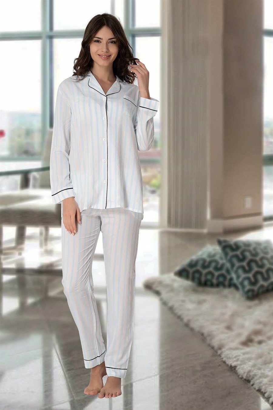 Effortt 1050 Mavi Önden Düğmeli Lohusa Pijama Takımı