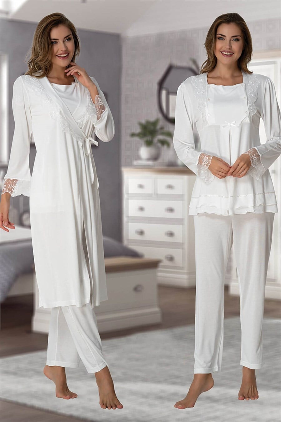 Effortt 2018 Ekru Sabahlıklı Lohusa Pijama Takımı