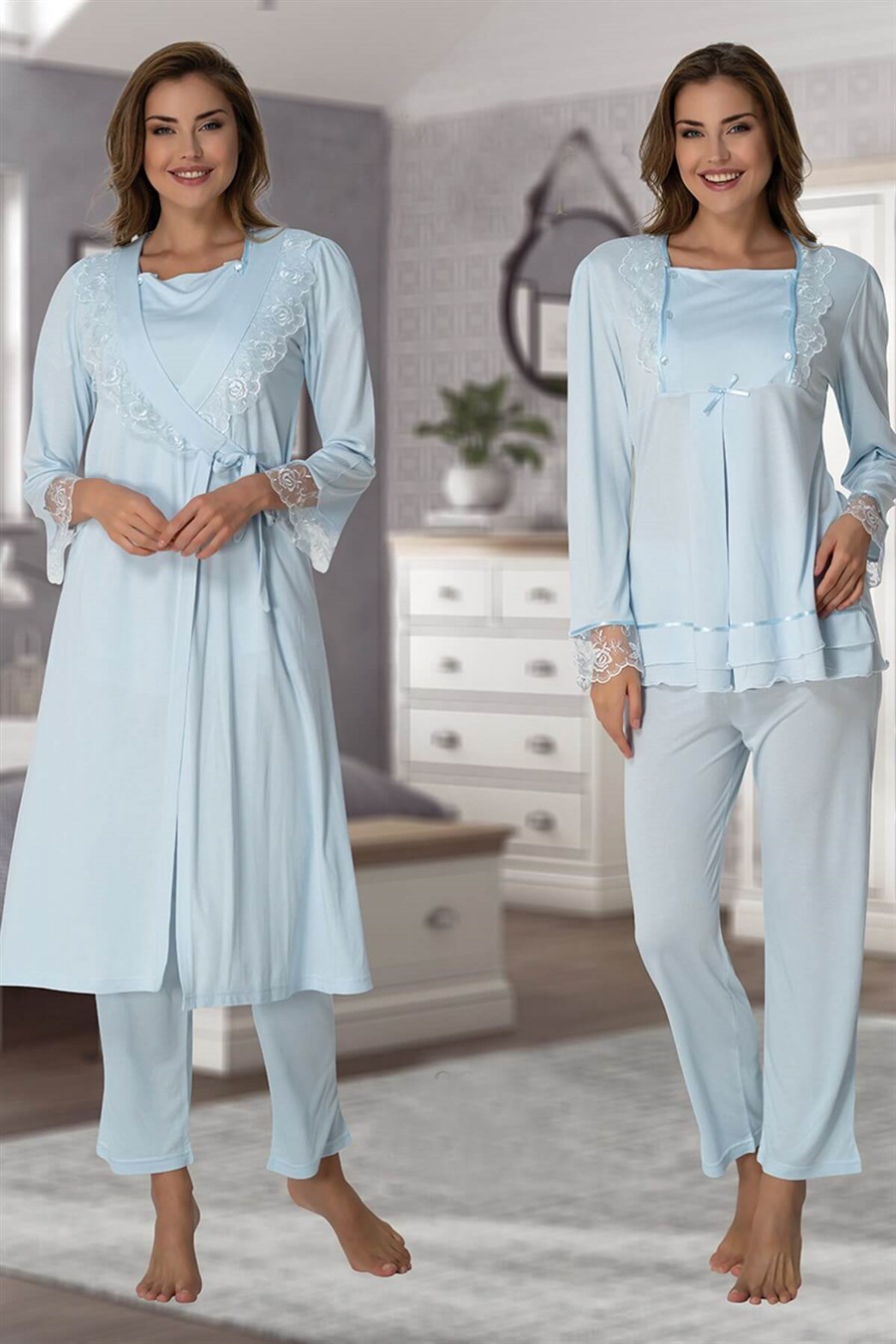 Effortt 2018 Mavi Sabahlıklı Lohusa Pijama Takımı
