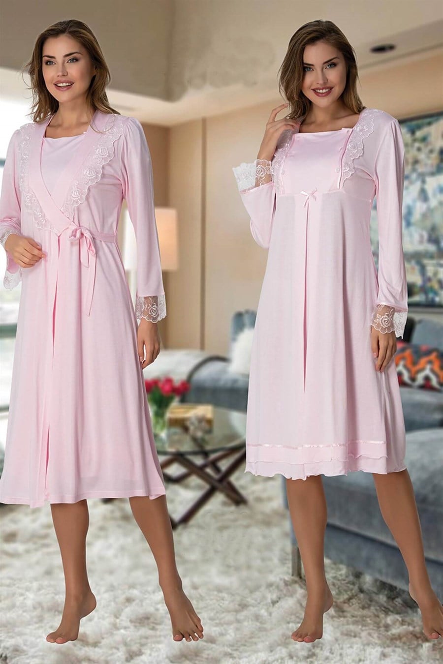 Effortt 2019 Pembe Sabahlıklı Lohusa Gecelik Takım