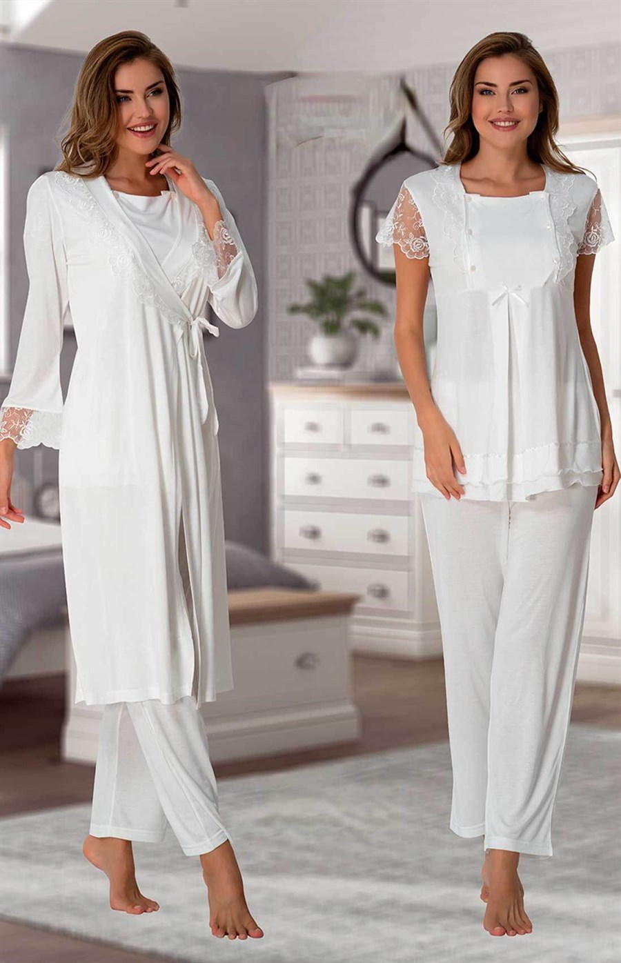 Effortt 2054 Ekru Sabahlıklı Lohusa Pijama Takımı