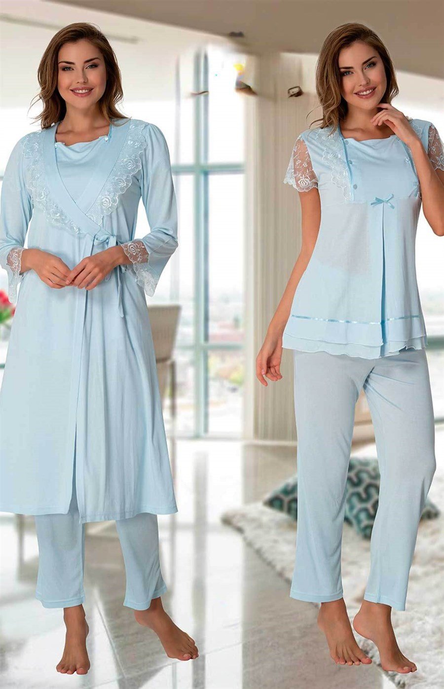 Effortt 2054 Mavi Sabahlıklı Lohusa Pijama Takımı