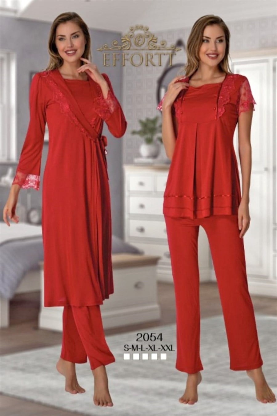Effortt 2054 Vişne Sabahlıklı Lohusa Pijama Takımı