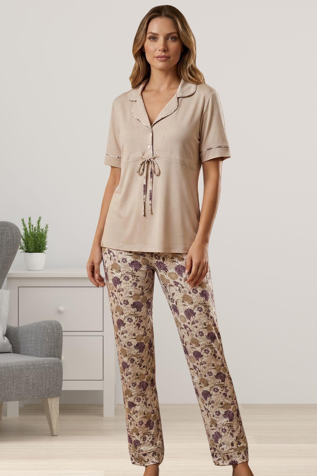 Effortt 2064 Bej Gömlek Yaka Kadın Pijama Takımı