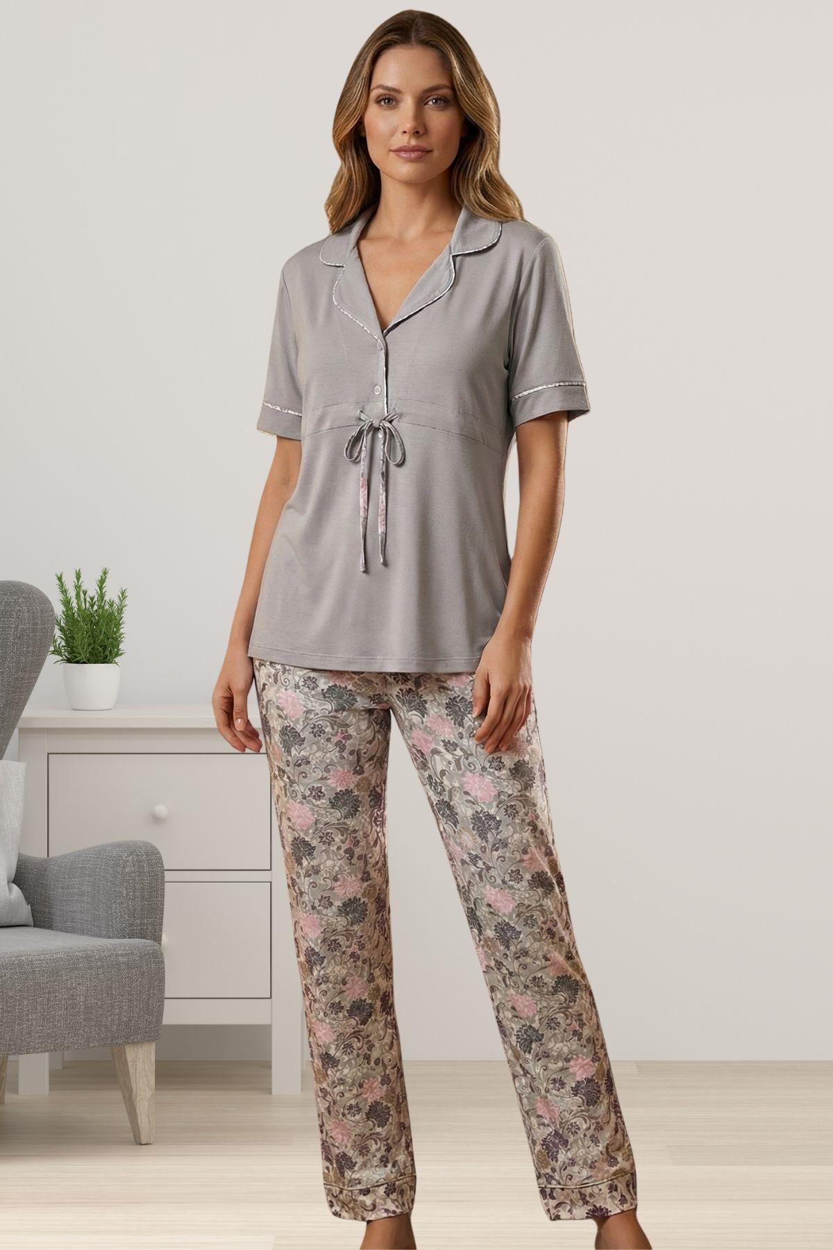 Effortt 2064 Gri Gömlek Yaka Kadın Pijama Takımı