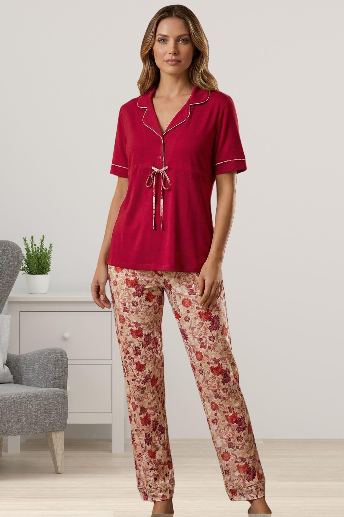Effortt 2064 Vişne Gömlek Yaka Kadın Pijama Takımı
