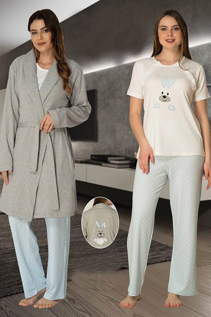 Effortt 2070 Mavi Sabahlıklı Lohusa Pijama Takımı