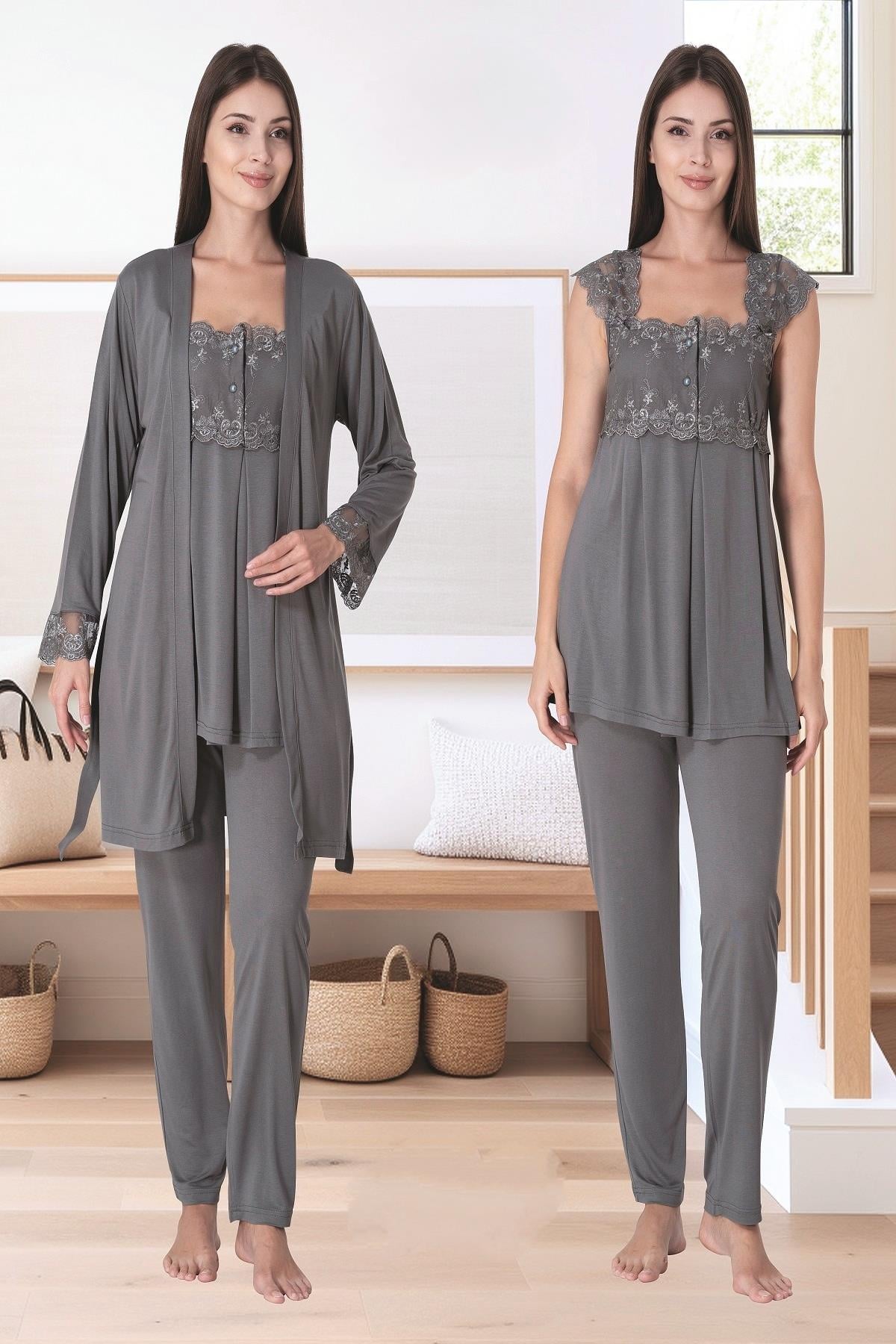 Effortt 2301 Füme Sabahlıklı Lohusa Pijama Takımı