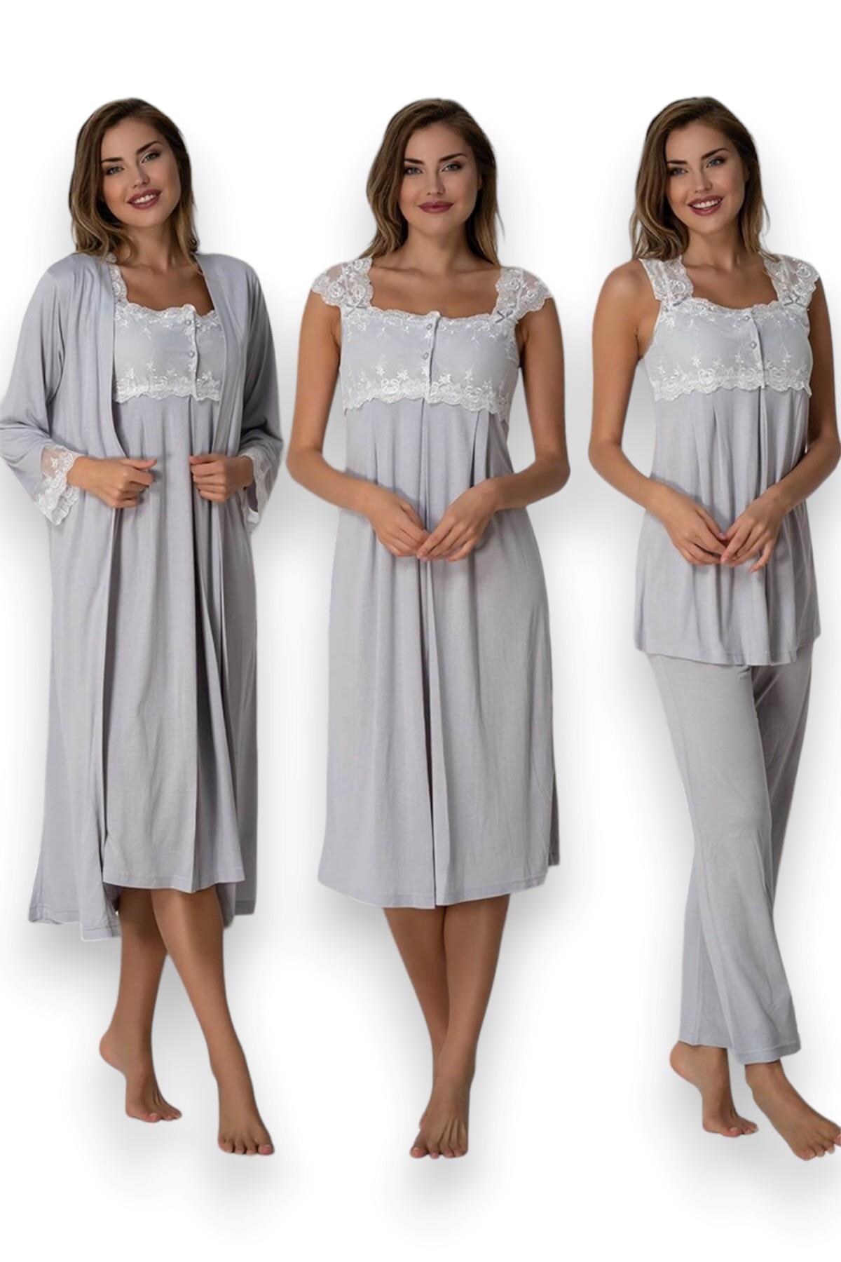 Effortt 2305 Gri Dantelli Hamile Lohusa Set