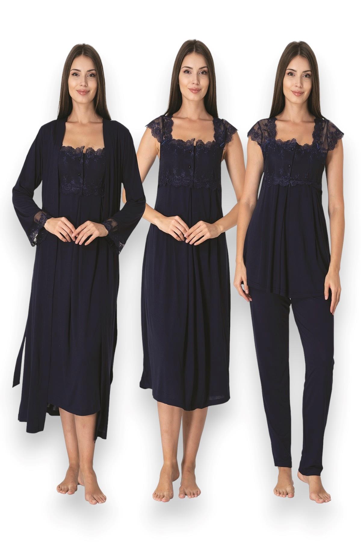 Effortt 2305 Lacivert Dantelli Hamile Lohusa Set