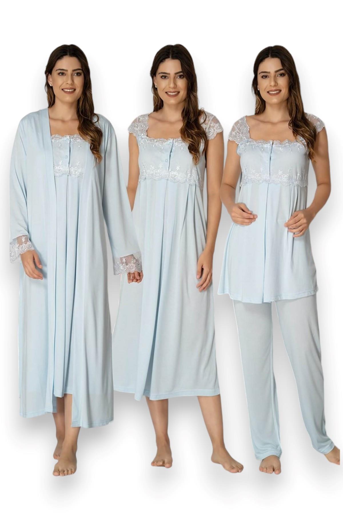 Effortt 2305 Mavi Dantelli Hamile Lohusa Set