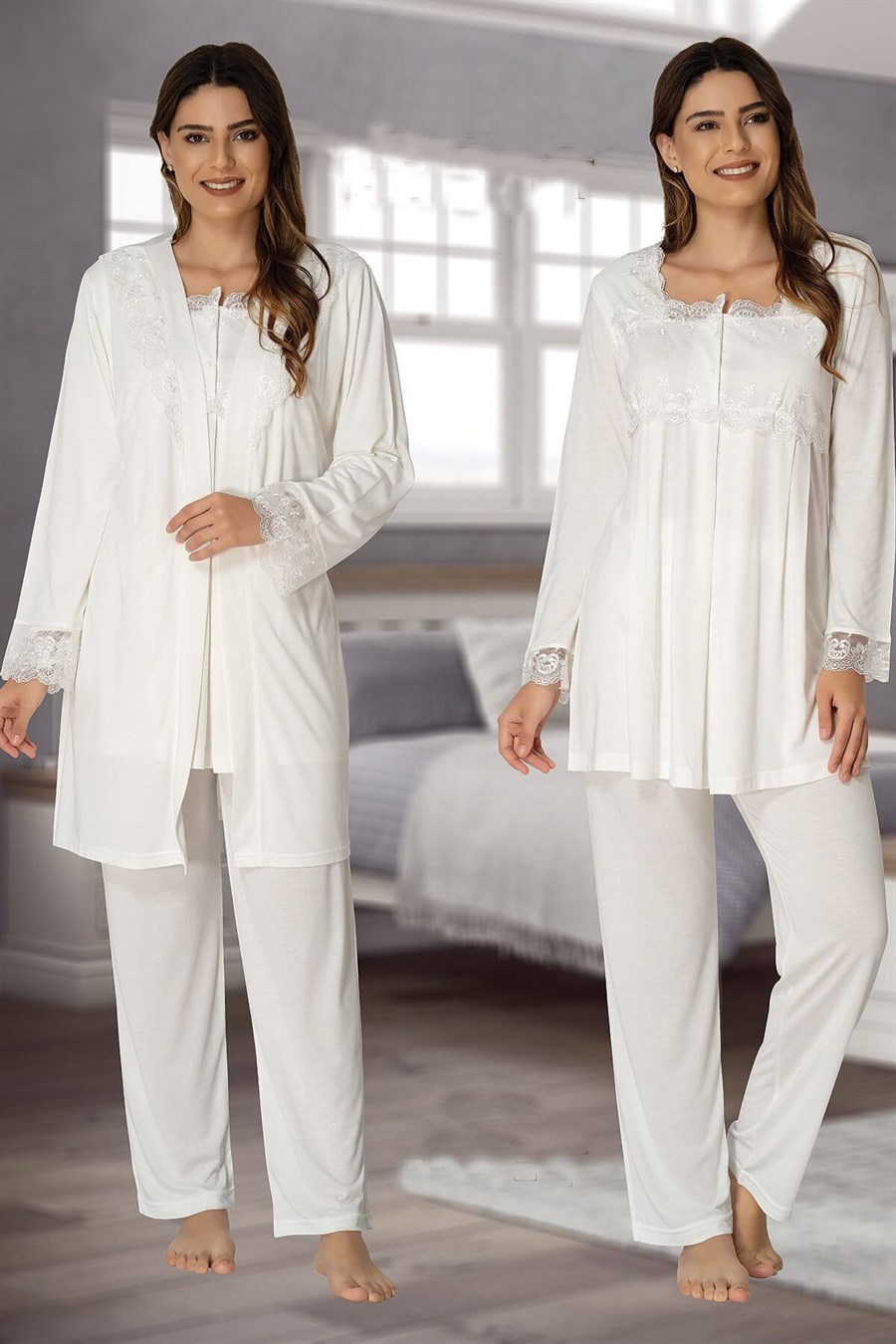 Effortt 2401 Ekru Sabahlıklı Lohusa Pijama Takımı