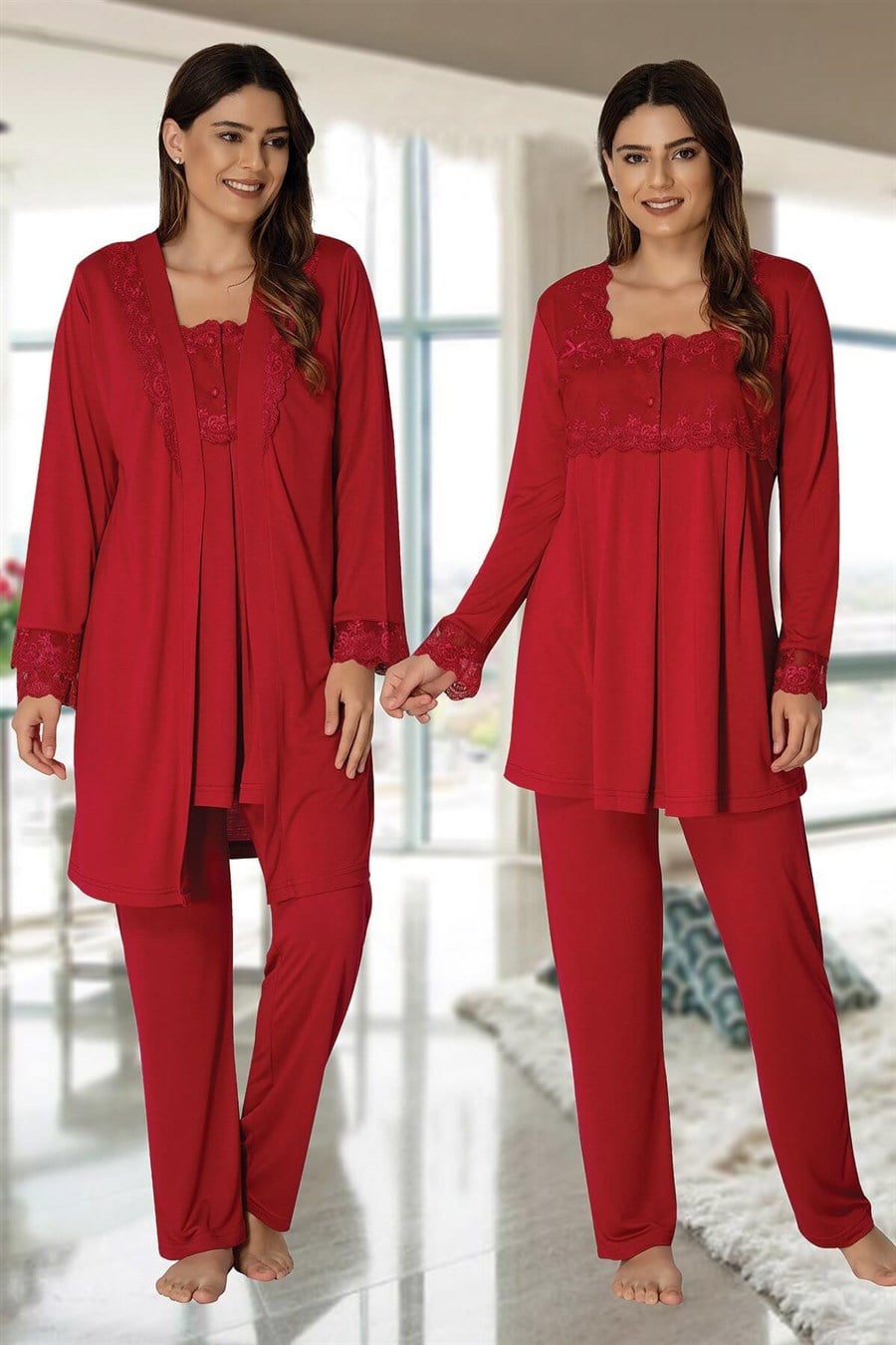 Effortt 2401 Vişne Sabahlıklı Lohusa Pijama Takımı