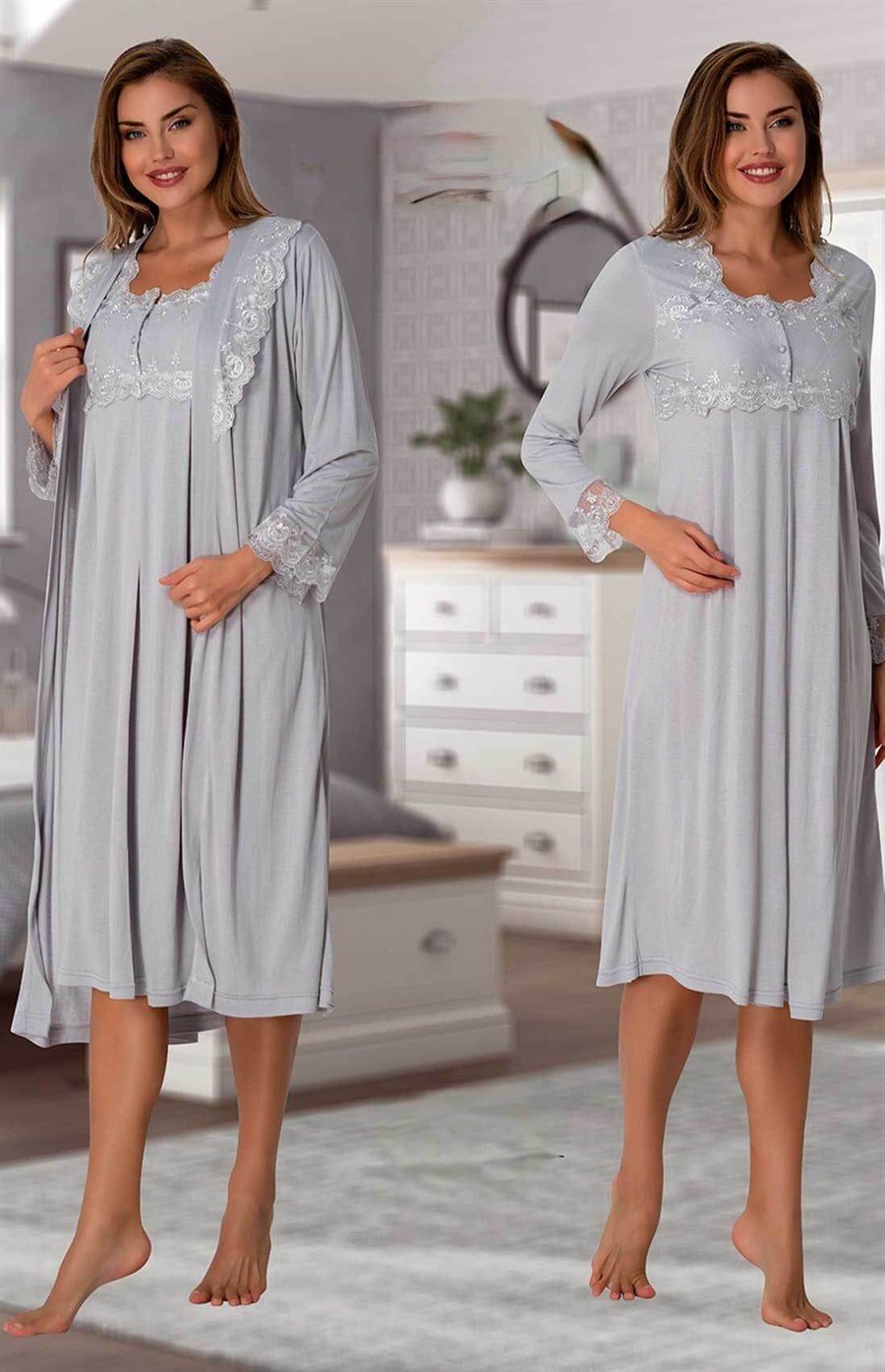 Effortt 2402 Gri Sabahlıklı Lohusa Gecelik Takım