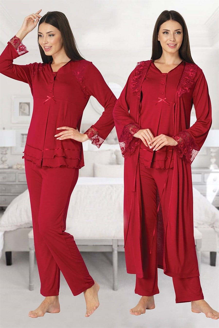 Effortt 2424 Vişne Sabahlıklı Lohusa Pijama Takımı