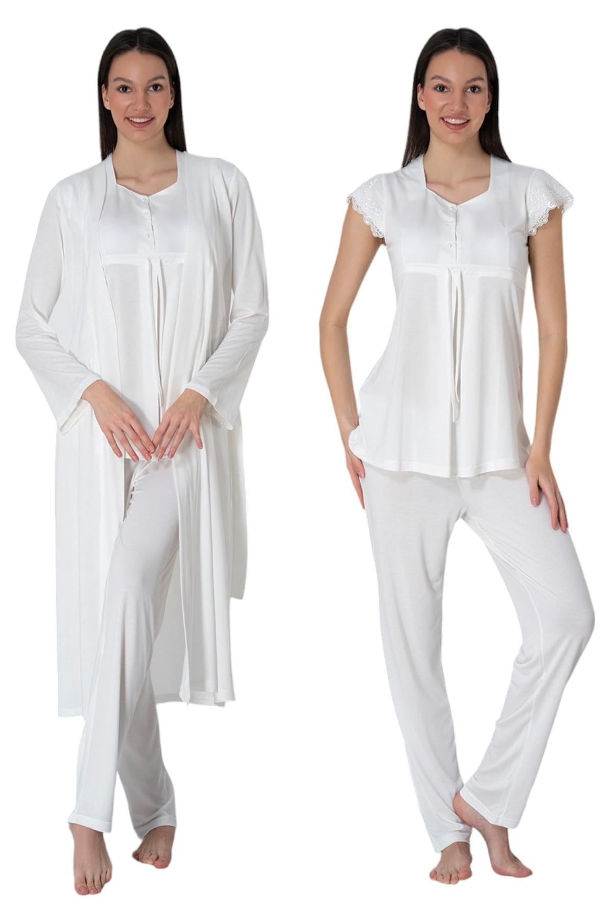 Effortt 2524 Ekru Sabahlıklı Hamile Lohusa Pijama Takımı