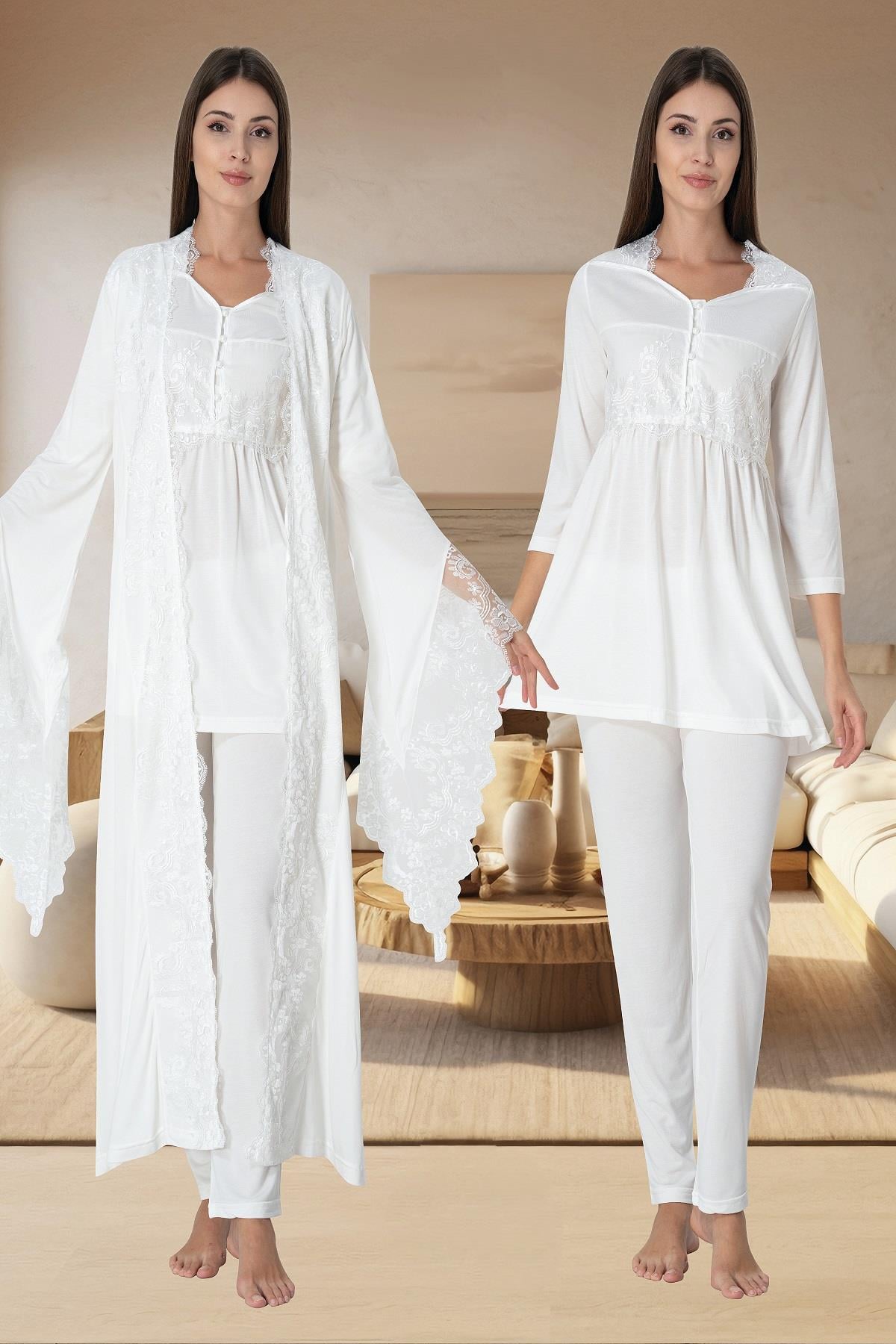 Effortt 3015 Ekru Sabahlıklı Lohusa Pijama Takımı