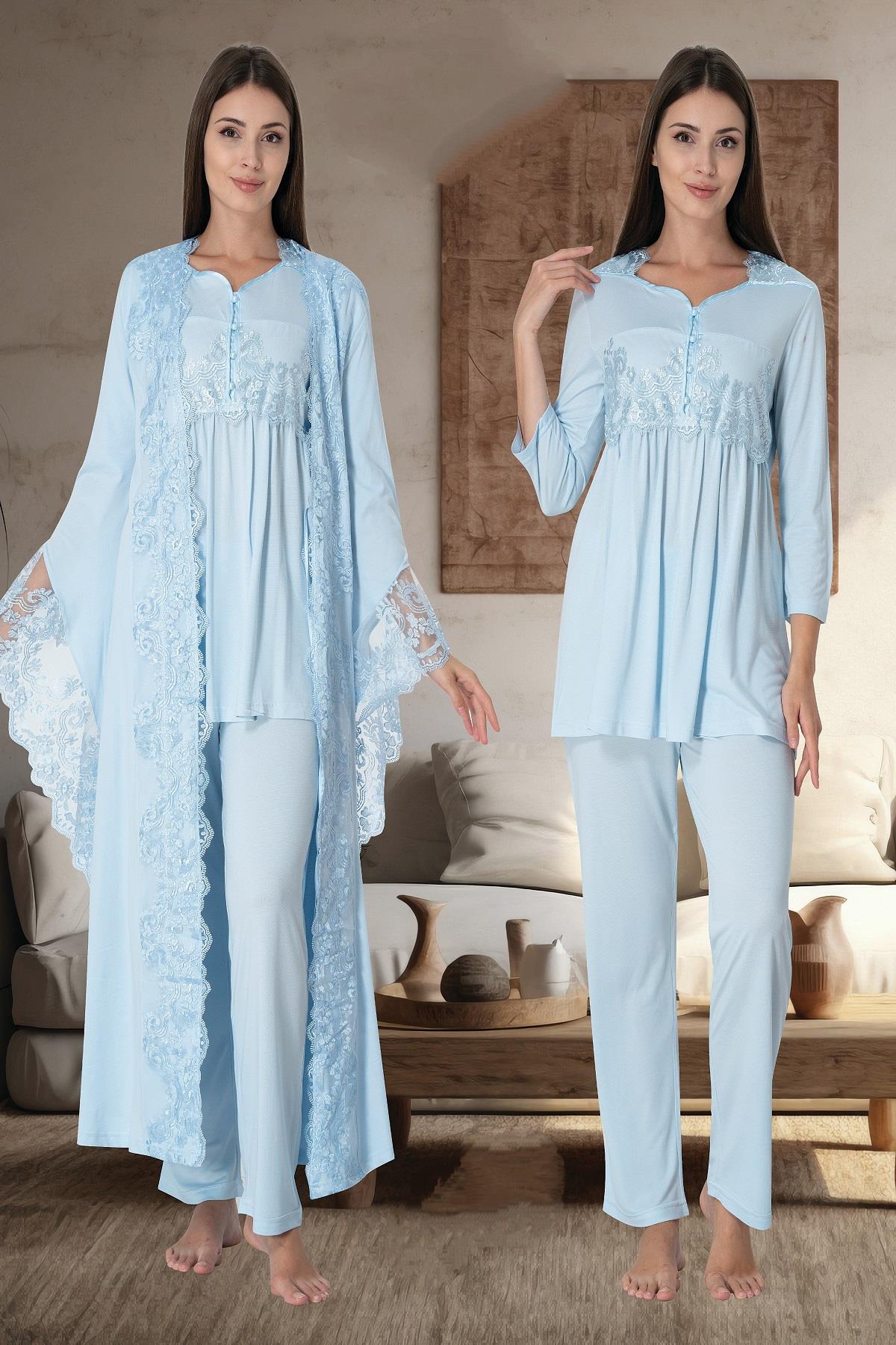 Effortt 3015 Mavi Sabahlıklı Lohusa Pijama Takımı