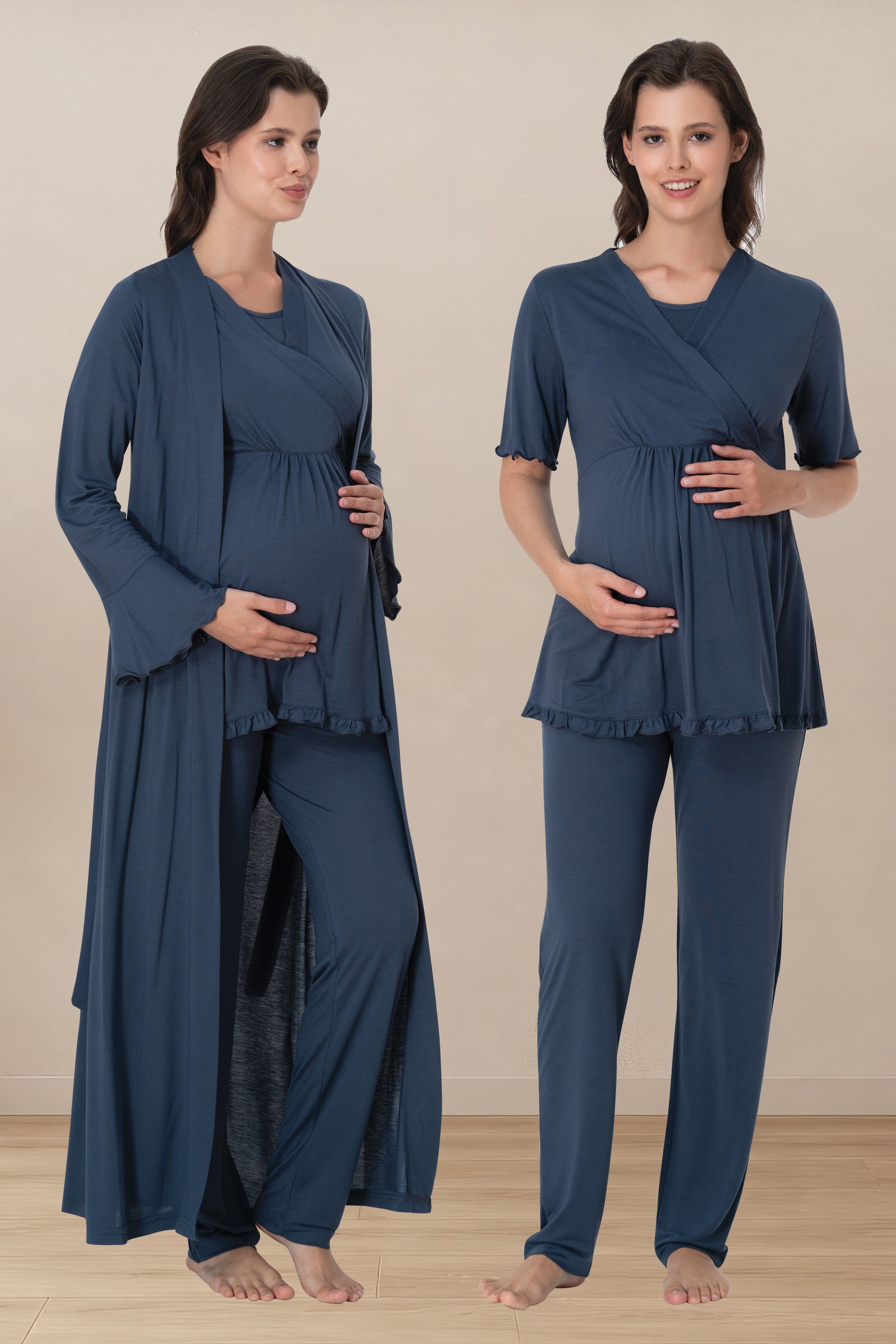 Effortt 3034 İndigo Yumuşak Dokulu Pamuklu Sabahlıklı Hamile Lohusa Pijama Takımı