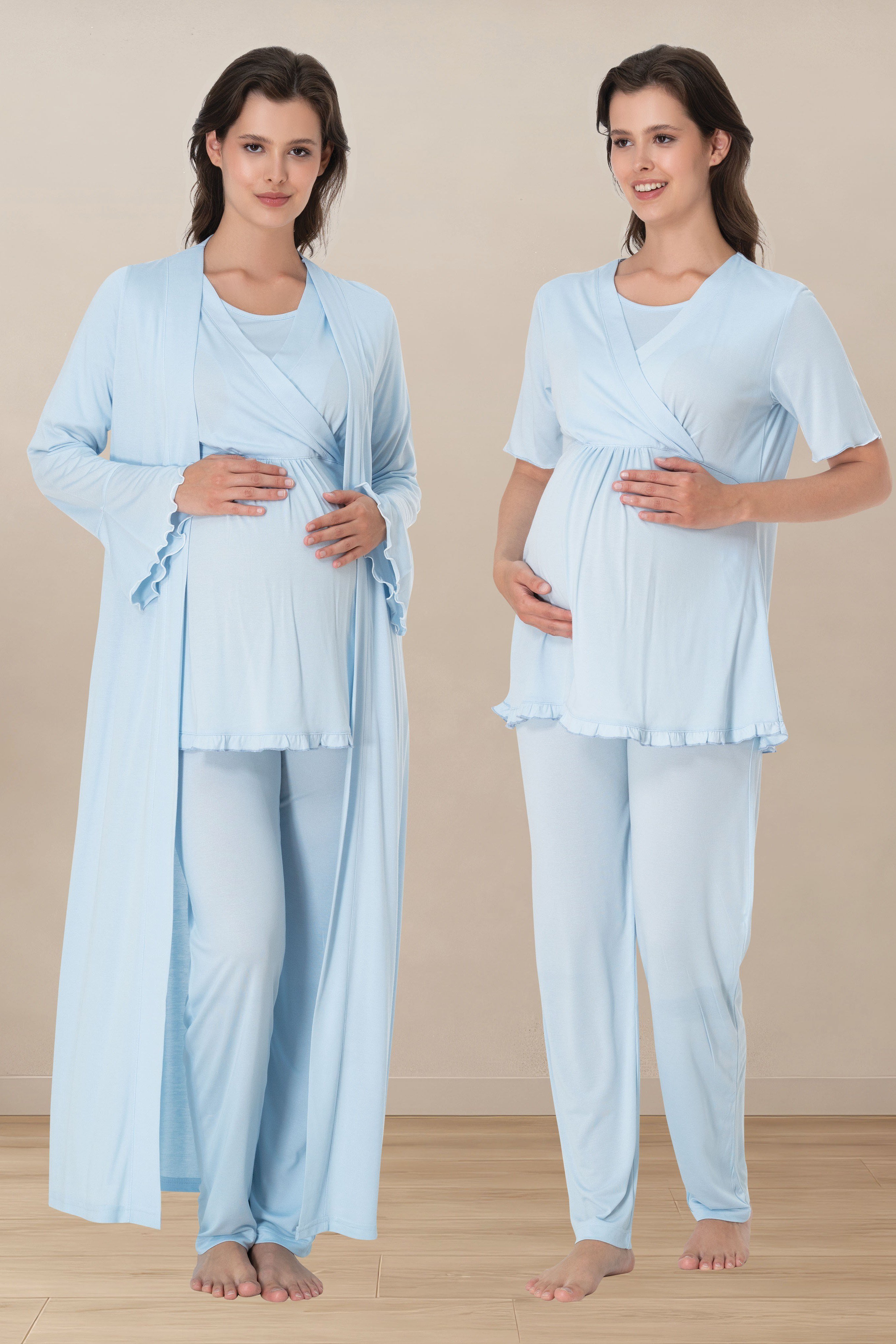 Effortt 3034 Mavi Yumuşak Dokulu Pamuklu Sabahlıklı Hamile Lohusa Pijama Takımı