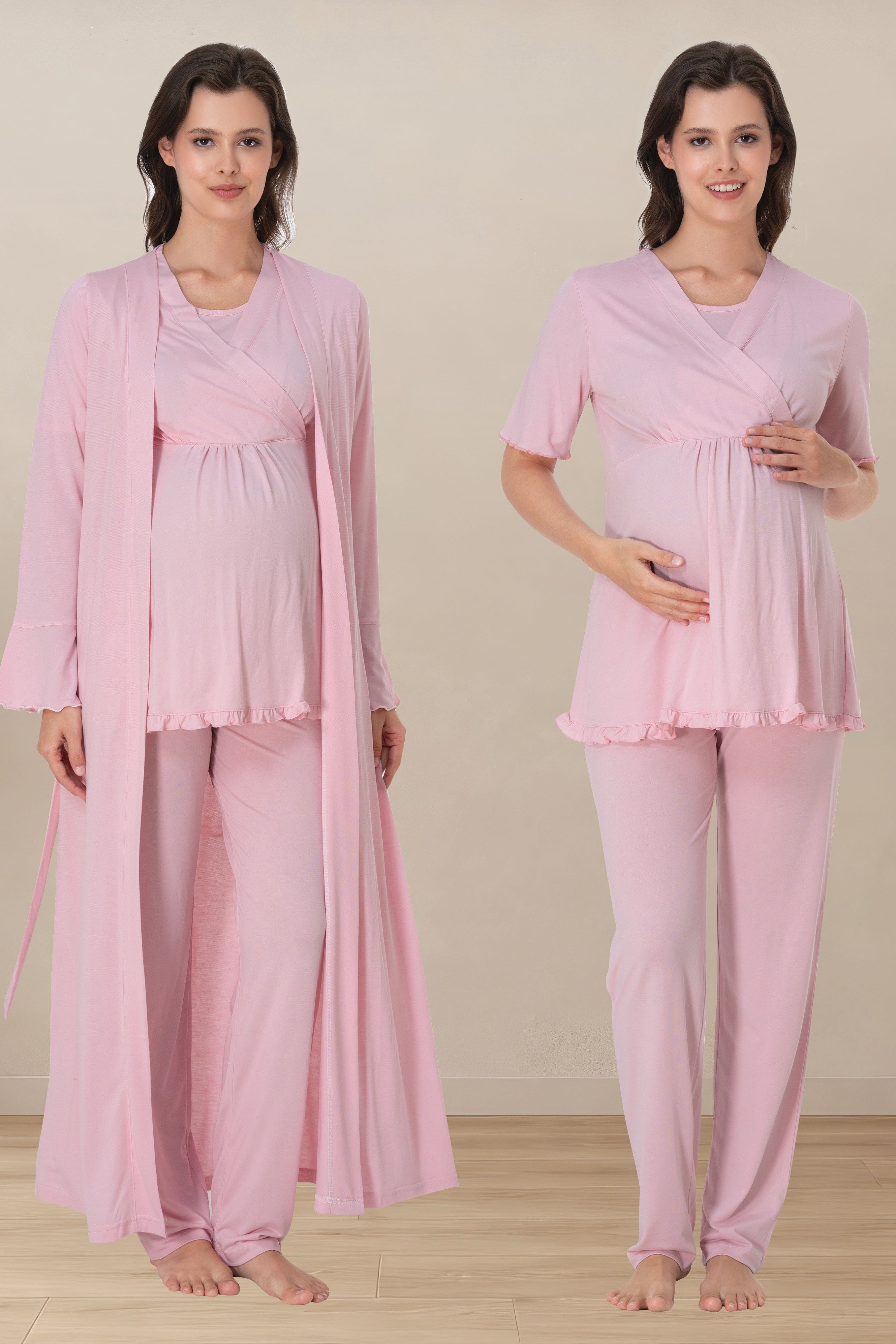Effortt 3034 Pembe Yumuşak Dokulu Pamuklu Sabahlıklı Hamile Lohusa Pijama Takımı