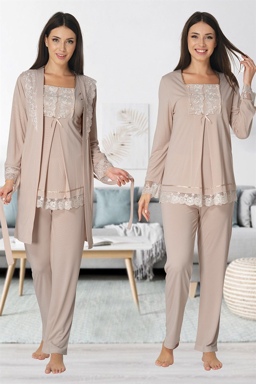 Effortt 3044 Kahverengi Sabahlıklı Lohusa Pijama Takımı