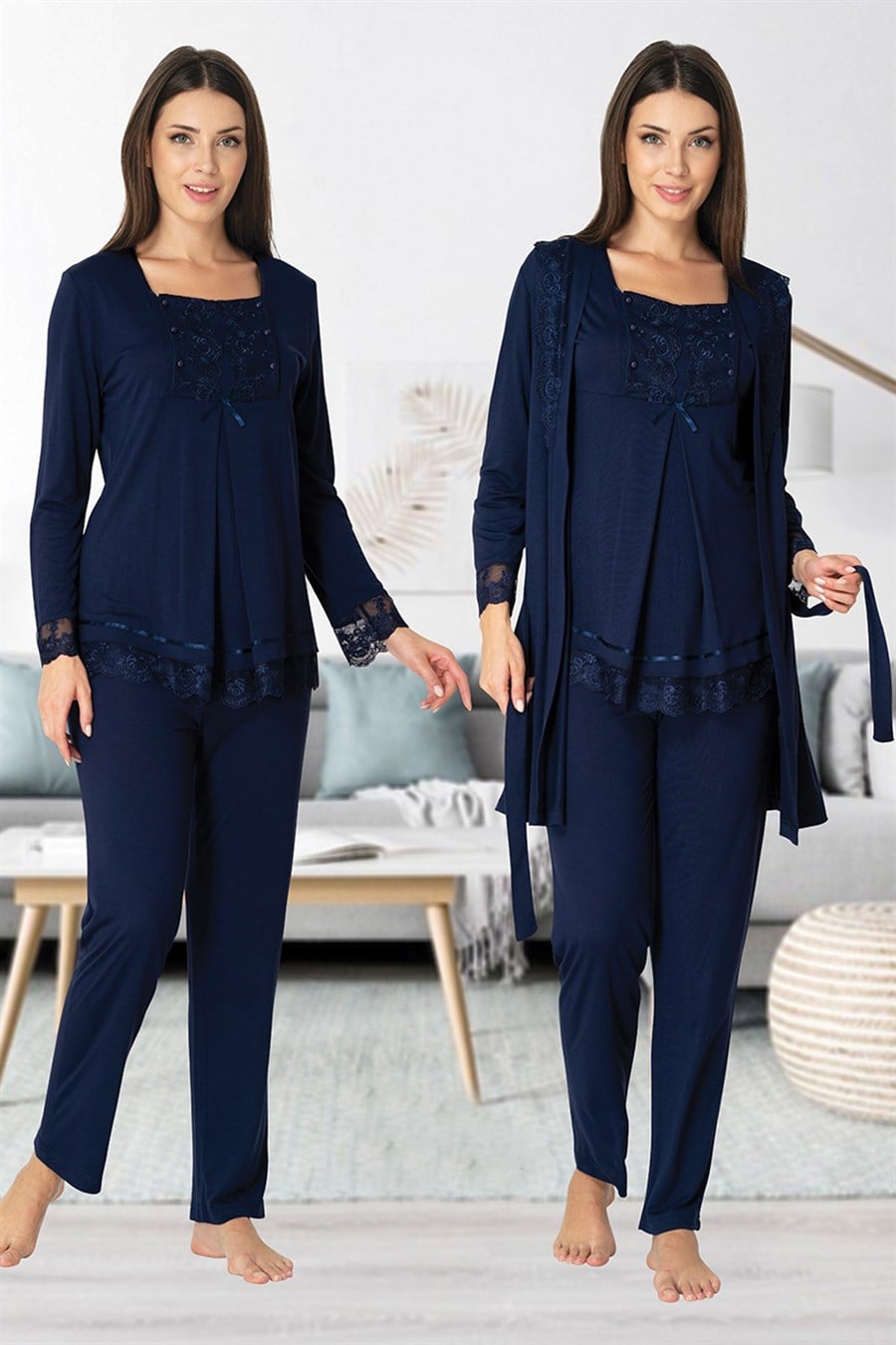 Effortt 3044 Lacivert Sabahlıklı Lohusa Pijama Takımı