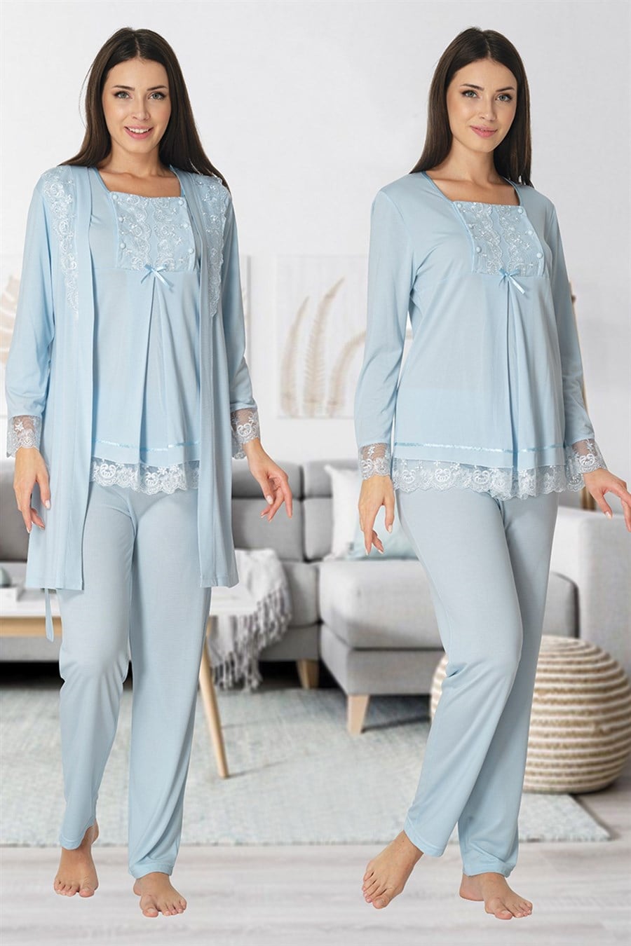 Effortt 3044 Mavi Sabahlıklı Lohusa Pijama Takımı