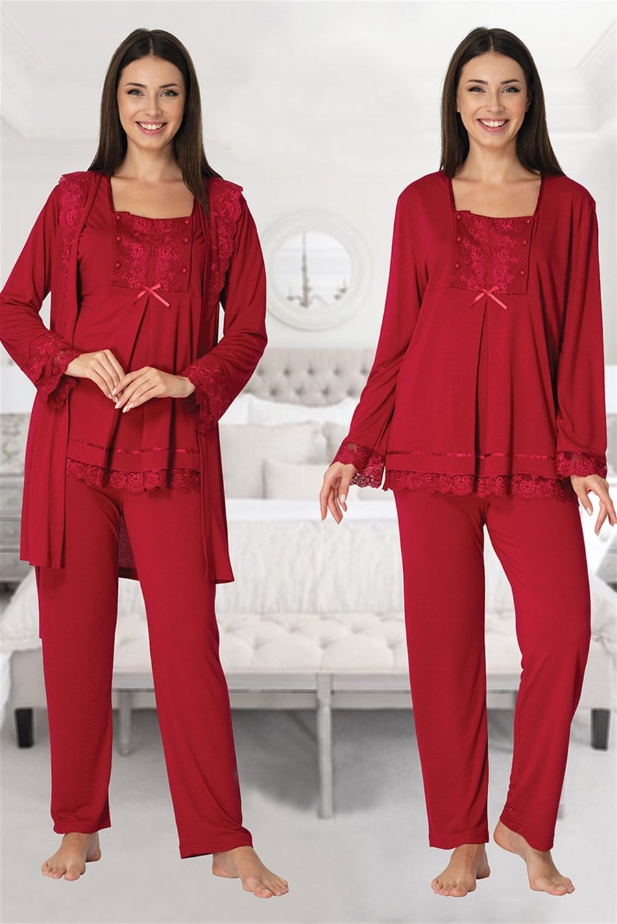 Effortt 3044 Vişne Sabahlıklı Lohusa Pijama Takımı