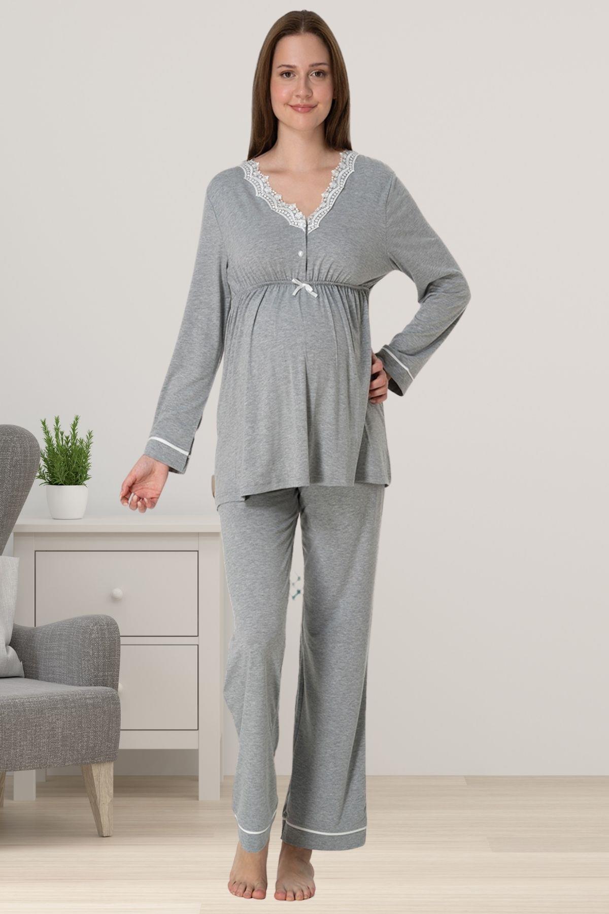 Effortt 3052 Gri Melanj Hamile Lohusa Pijama Takımı