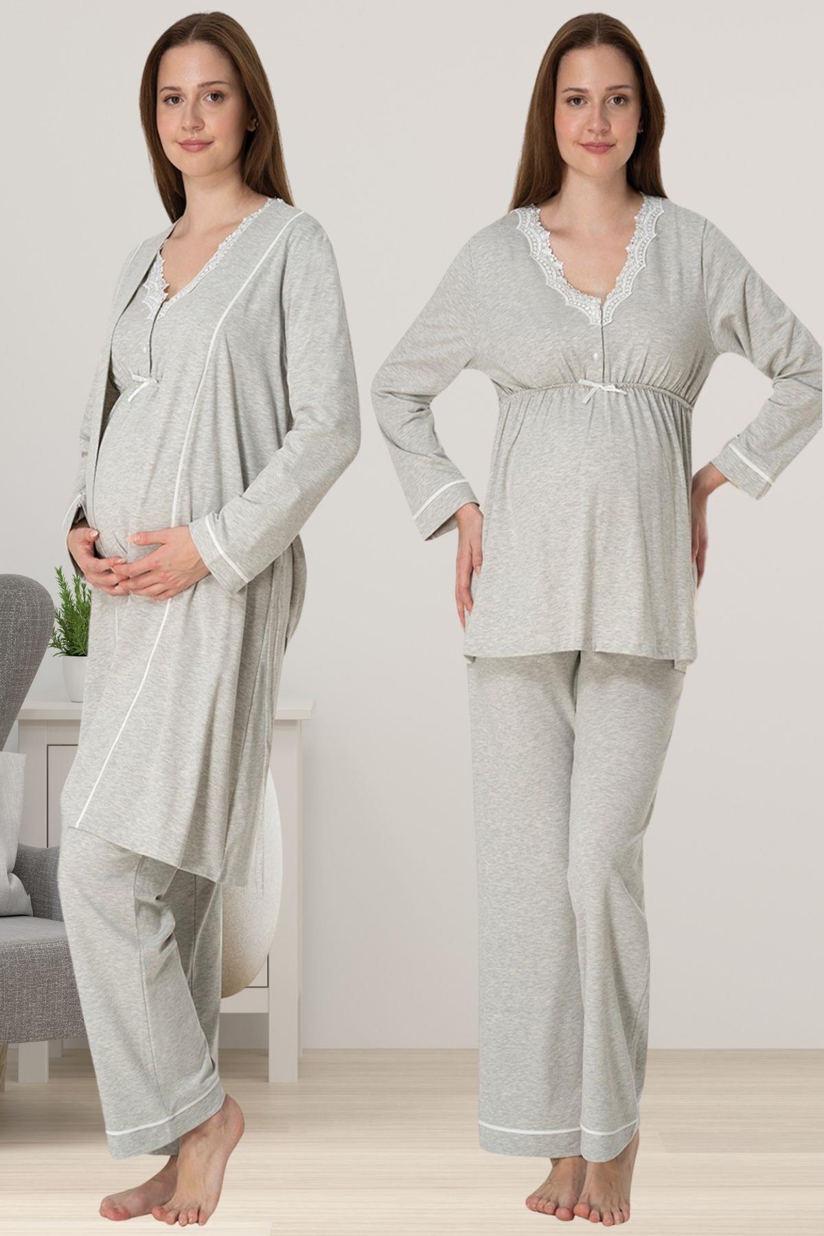Effortt 3054 Gri Sabahlıklı Hamile Lohusa Pijama Takımı