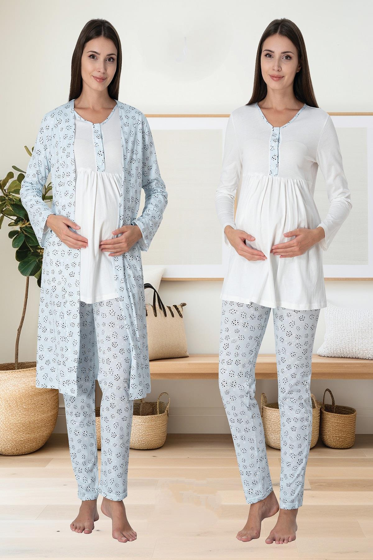 Effortt 3064 Mavi Sabahlıklı Hamile Lohusa Pijama Takımı