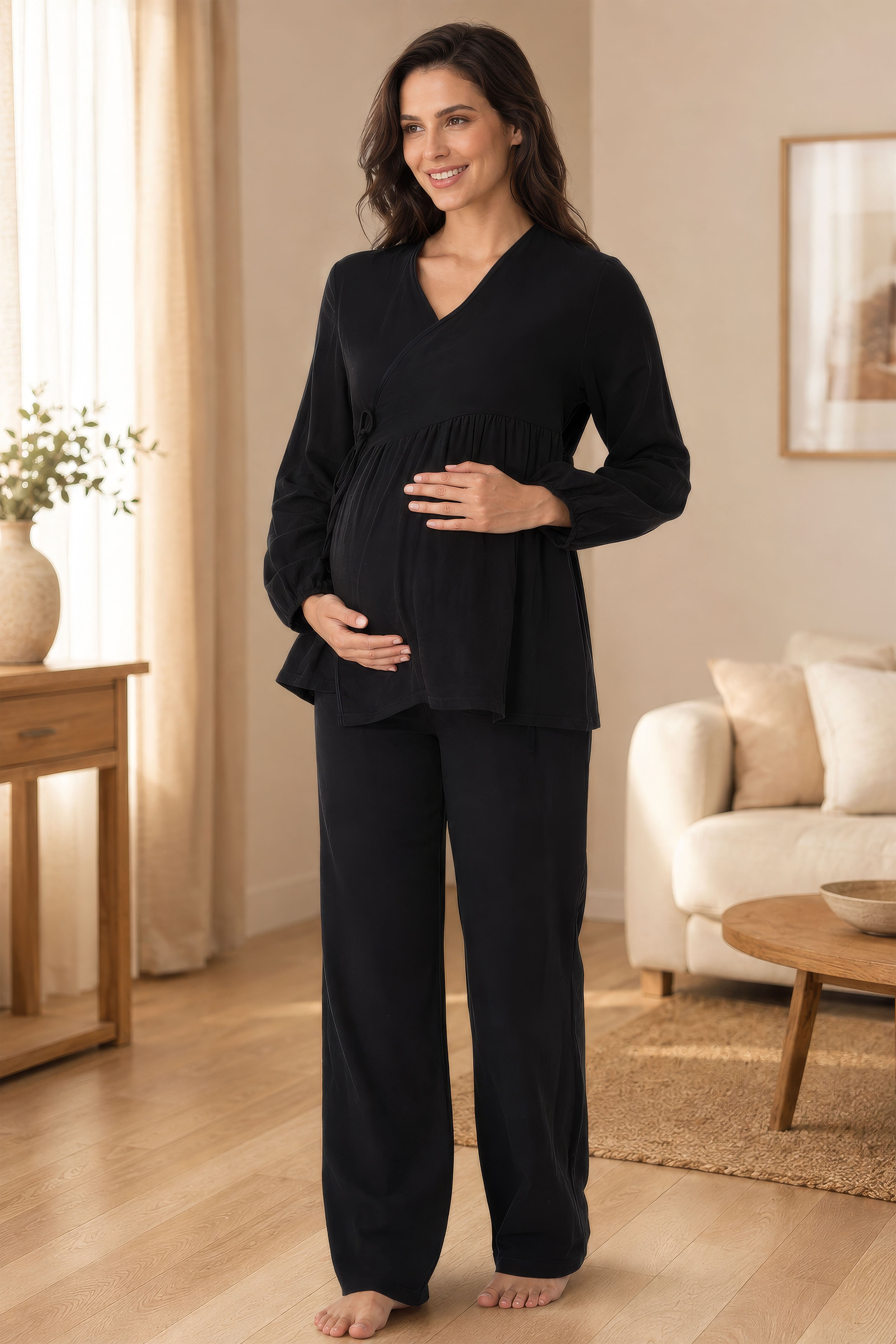 Effortt 3087 Siyah Uzun Kol Müslin Kumaş Emzirme Özellikli Hamile Lohusa Pijama Takımı