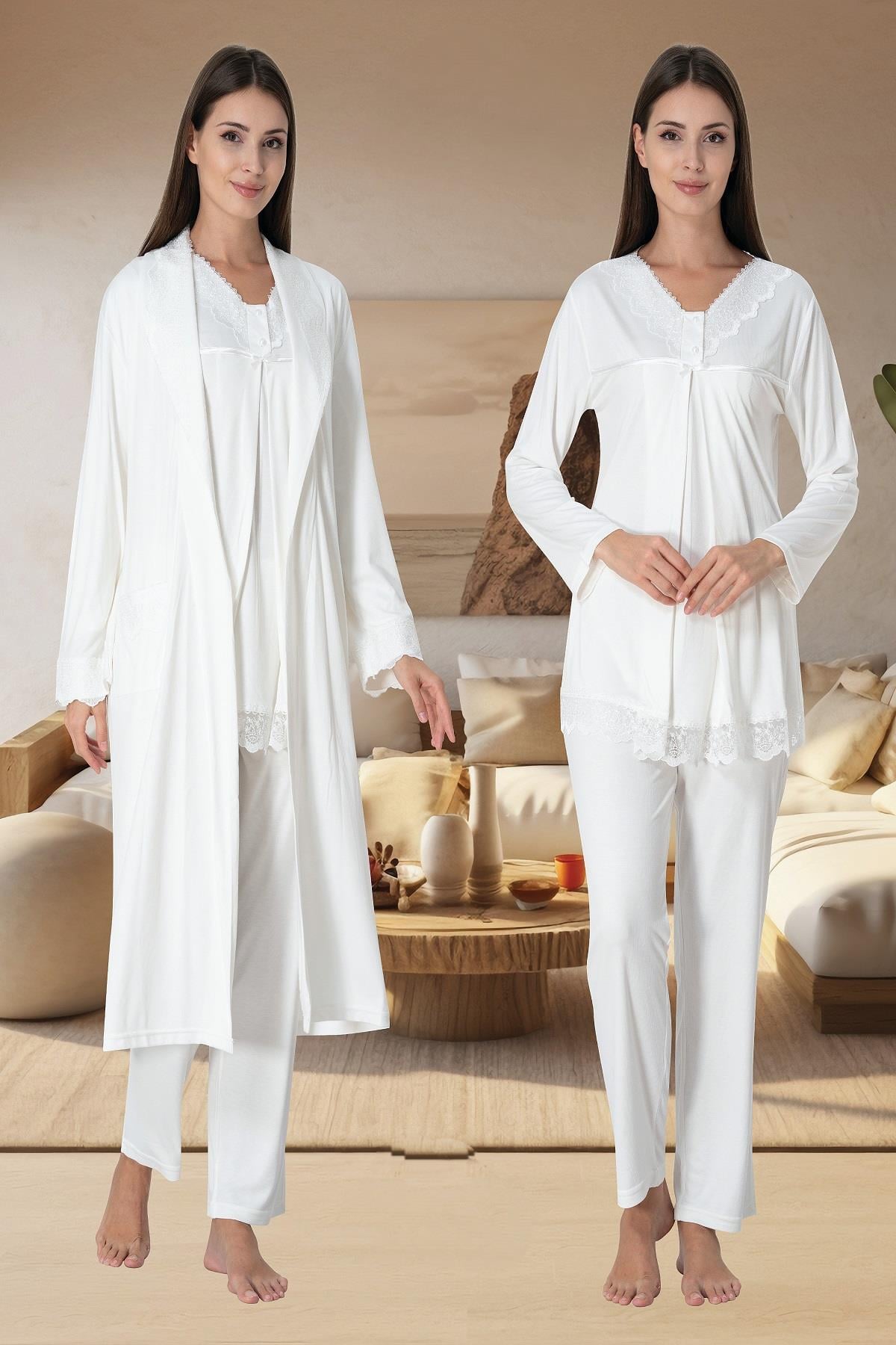 Effortt 4034 Ekru Sabahlıklı Lohusa Pijama Takımı