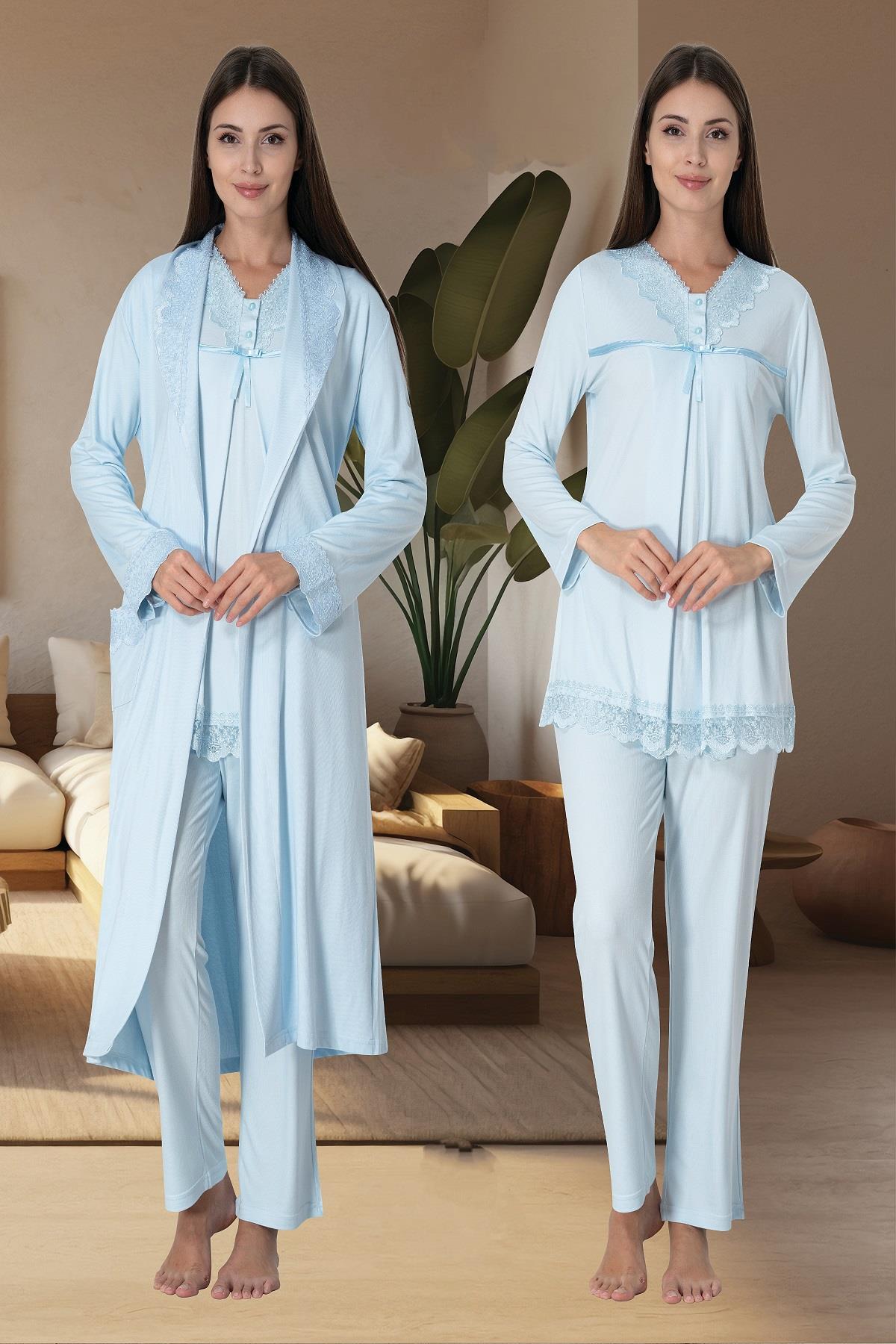 Effortt 4034 Mavi Sabahlıklı Lohusa Pijama Takımı