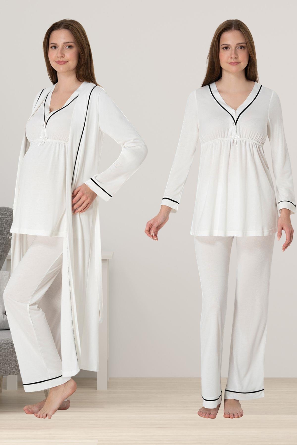 Effortt 4054 Ekru Sabahlıklı Hamile Lohusa Pijama Takımı