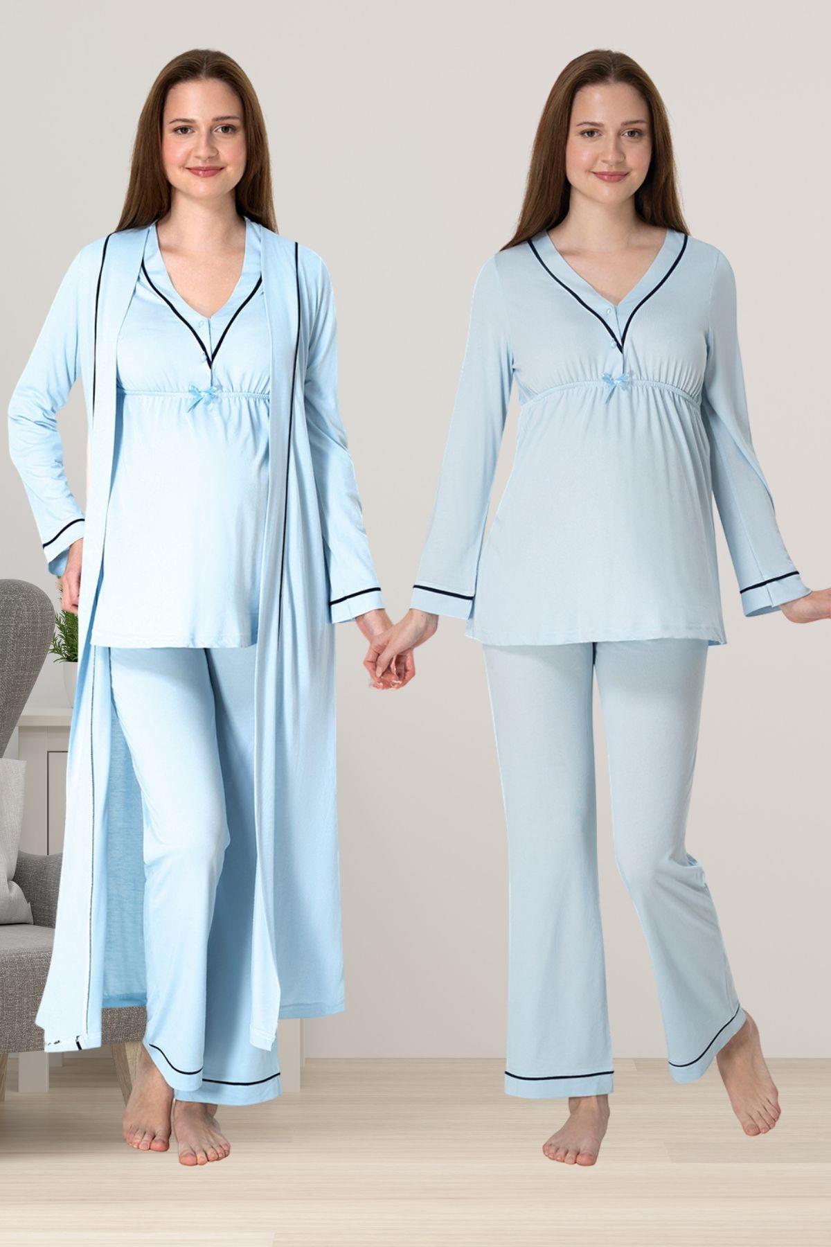 Effortt 4054 Mavi Sabahlıklı Hamile Lohusa Pijama Takımı