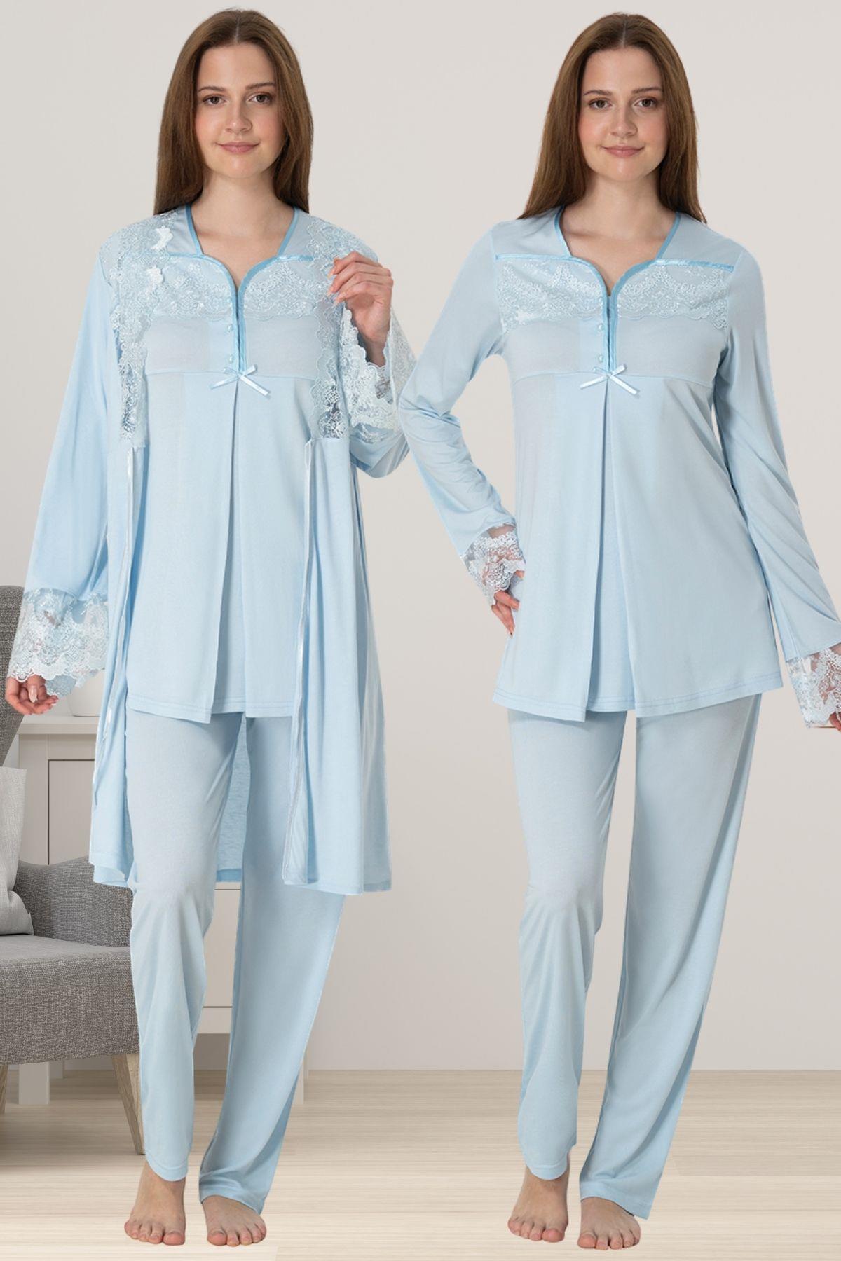 Effortt 4084 Mavi Sabahlıklı Hamile Lohusa Pijama Takımı