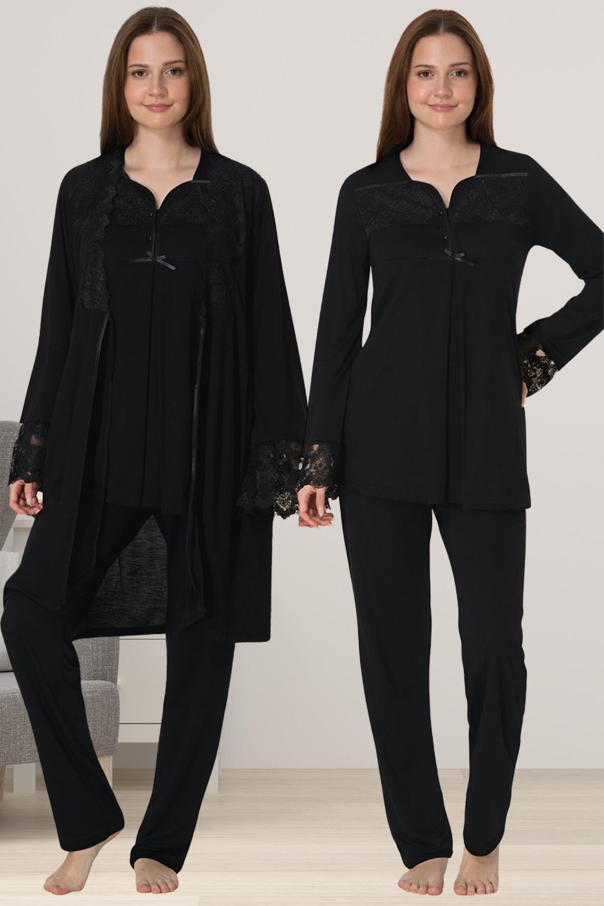 Effortt 4084 Siyah Sabahlıklı Hamile Lohusa Pijama Takımı