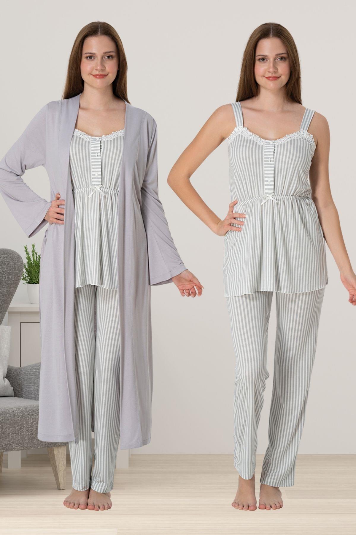 Effortt 4094 Gri Sabahlıklı Hamile Lohusa Pijama Takımı