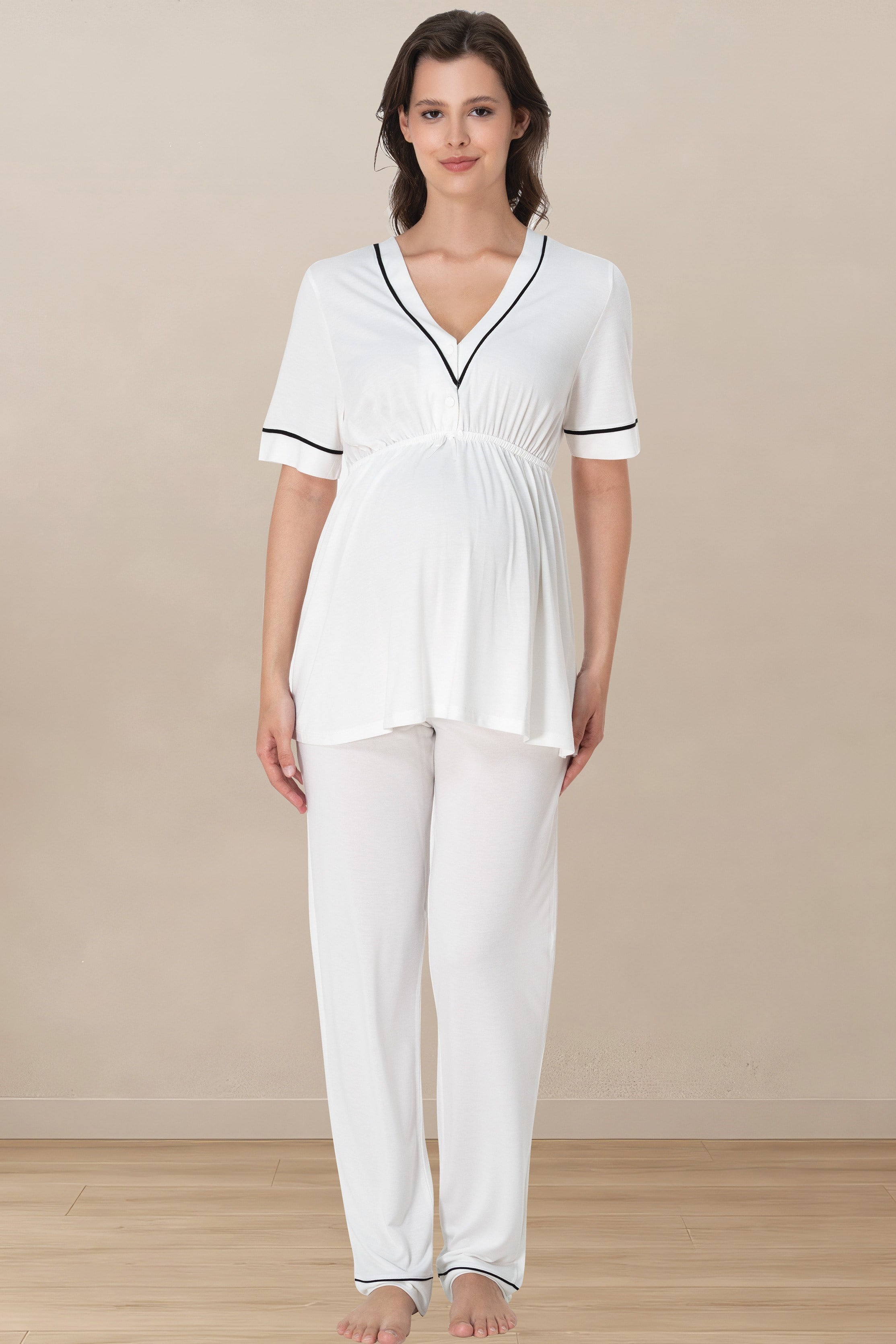 Effortt 5092 Ekru Rahat Kalıp Kısa Kol Hamile Lohusa Pijama Takımı