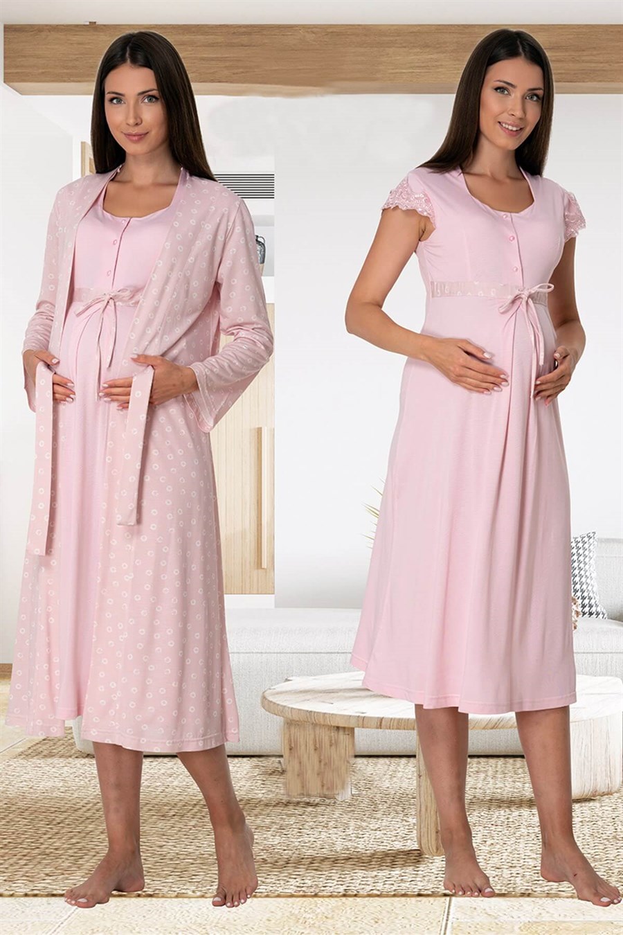 Effortt 6015 Pembe Sabahlıklı Lohusa Gecelik Takım