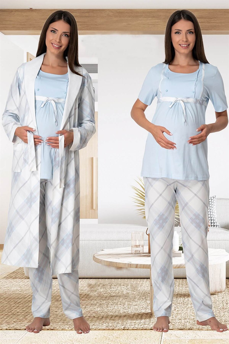 Effortt 6024 Mavi Sabahlıklı Lohusa Pijama Takımı