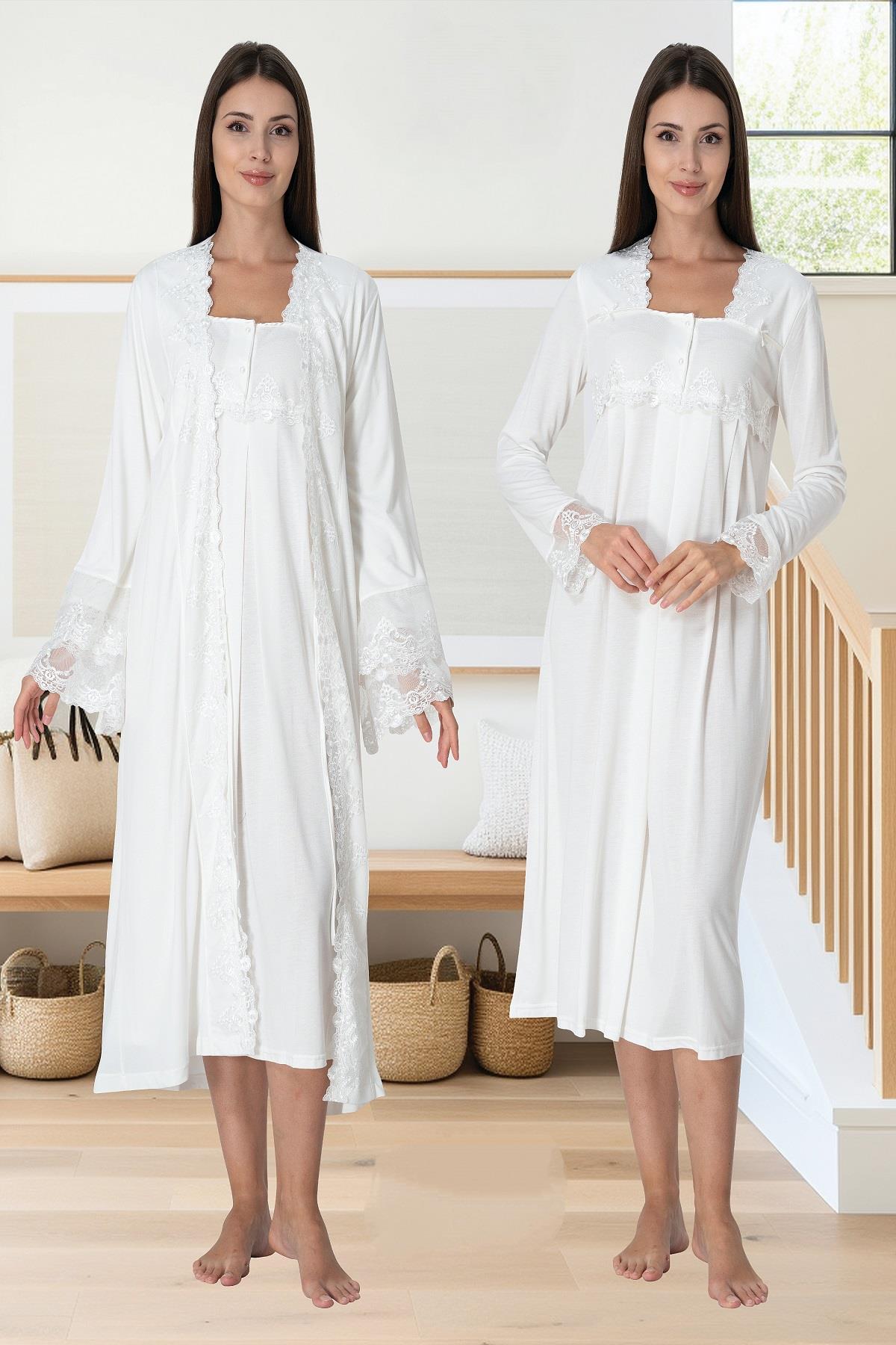 Effortt 7015 Ekru Sabahlıklı Lohusa Gecelik Takım