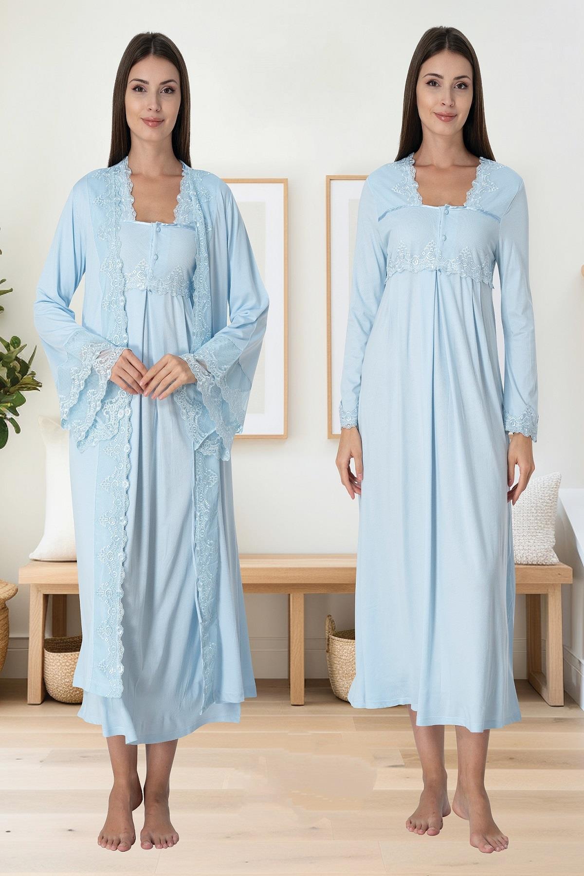 Effortt 7015 Mavi Sabahlıklı Lohusa Gecelik Takım