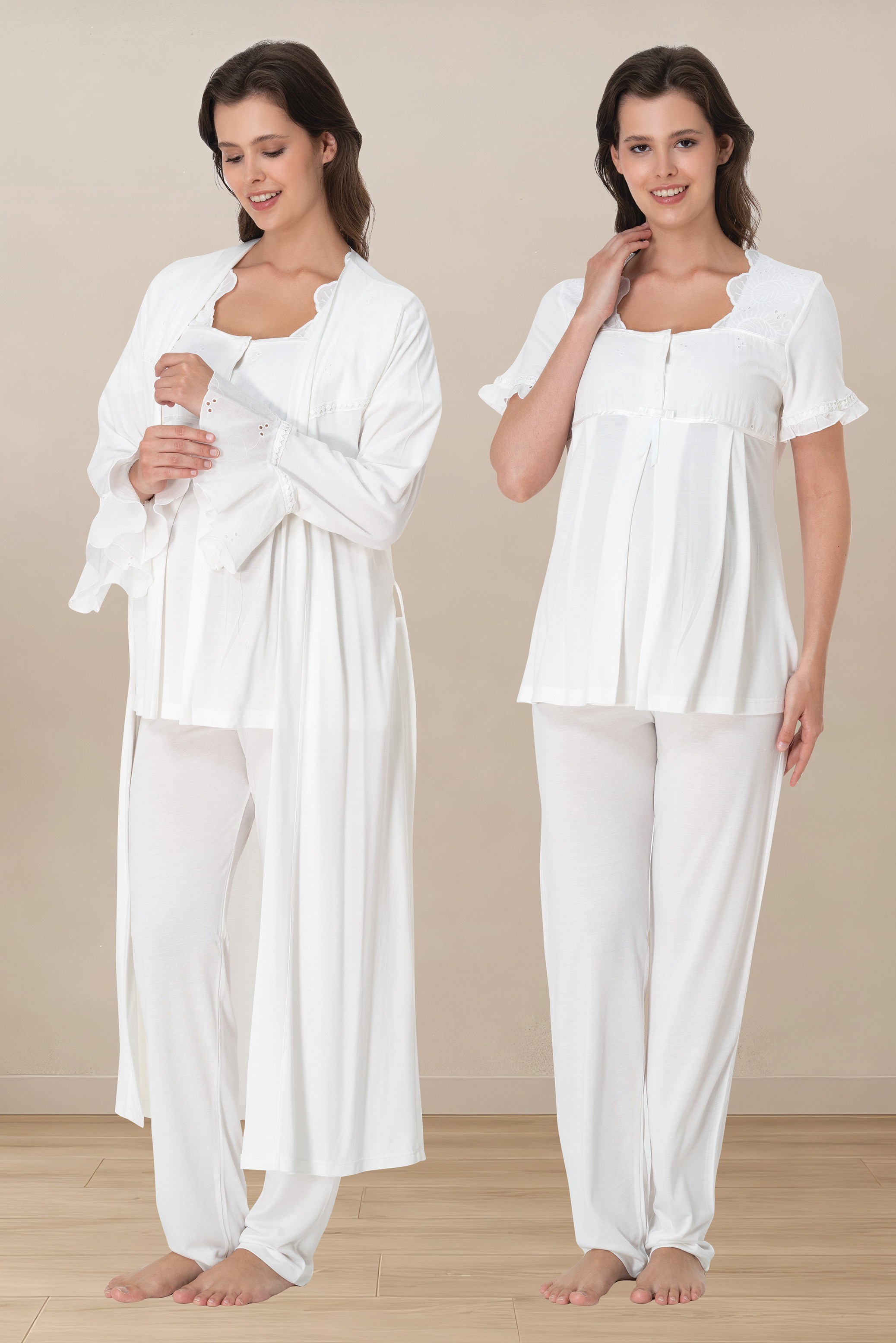 Effortt 7024 Ekru Ayarlanabilir Bel Lastikli Kısa Kol Sabahlıklı Hamile Lohusa Pijama Takımı